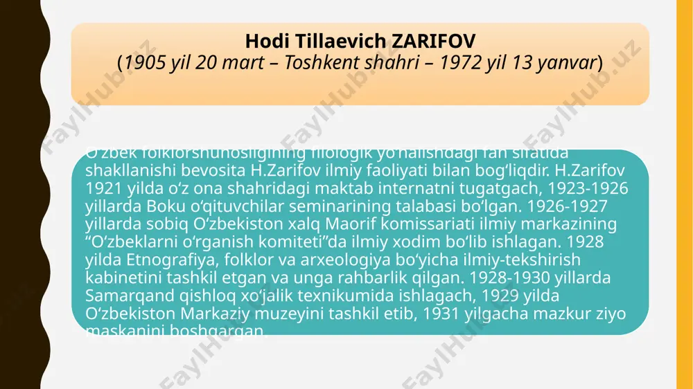 r bo‘limiga asos solingan. hozirgi davrga kelib mamlakatimiz folklorshunoslik fanining markaziga aylangan bu bo‘lim atoqli alloma h.zarifovning say’-harakati bilan tashkil etilgan o‘zbekiston xalq maorif komissarligi ilmiy sho‘rosining o‘zbeklarni o‘rganish komiteti huzuridagi “etnografiya, folklor va arxeologiya bo‘yicha ilmiy-tekshirish kabineti”ning bevosita negizida tuzilgan. 1929 yil dekabridan e’tiboran bu kabinetga h.zarifov mudir etib tayinlangan va bu bo‘lim o‘zbekiston davlat ilmiy-tekshirish instituti tarkibida faoliyat yurgiza boshlagan. keyinchalik o‘zbek tili, adabiyoti va folklori institutining folklor bo‘limi yuzaga keldi. h.t.zarifov ana shu bo‘limning rahbari sifatida butun umrini o‘zbek xalq og‘zaki ijodiyotini to‘plash va folklorshunoslik fanini yaratishga bag‘ishladi. u o‘zining folklorshunos sifatida ilm faoliyatini to‘plovchilikdan boshladi. h.t.zarifovning o‘zbek xalqi madaniyati xazinasiga qo‘shgan eng ulkan hissasi fozil yo‘ldosh o‘g‘li, ergash jumanbulbul o‘g‘li, po‘lkan va islom shoirdek zabardast so‘z san’atkorlarini aniqlab, ularning ijodiy merosini yozib olganligidir. bu baxshilardan yozib olingan “alpomish”, “yodgor”, “jahongir”, “rustam”, “ravshan”, “ochildov”, “hasan batrak”, “yusuf va ahmad”, “avazning uylanishi”, “mardikor”, “shayboniyxon” kabi dostonlar o‘zbek eposining …