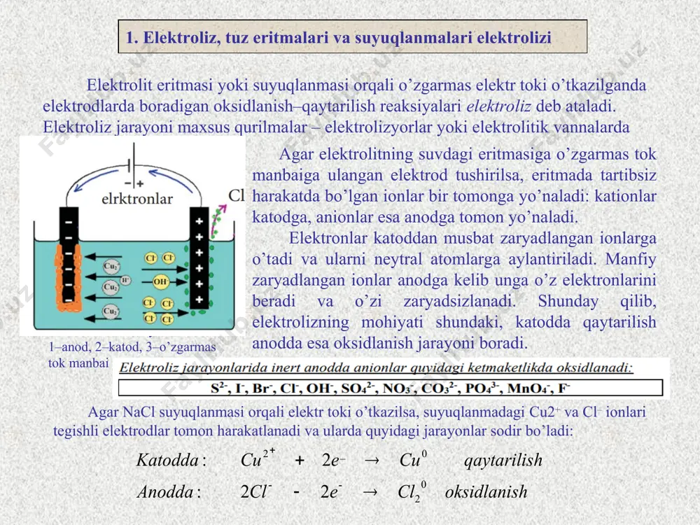 ri: xlor, brom, yod, ftor, oltingugurt va boshqalar zaryadsizlanadi. elektroliz jarayonida anodda oksidlanishi mumkin bo’lgan ionlar kislorodli kislota qoldiqlari (no3–, no2–, so32–, so42–, po43–, co32–) va h2o molekulalaridir. bu ionlardan kislorodli kislota qoldiqlari anodda zaryadsizlanmaydi, balki, ularning o’rniga suv molekulalari oksidlanadi. masalan * 7 elektrolizi reaksiyalarini 6 guruhga bo‘lishimiz mumkin 1. aktiv metall va kislorodli kislota qoldig‘idan tashkil topgan tuzlar eritmasi elektroliz qilinganda, katodda vodorod, anodda kislorod ajralib chiqadi. ya’ni faqat suv elektrolizga uchraydi. natijada tuzning konsentratsiyasi ortadi (suvning miqdoiri kamayganligi hisobiga): 2. aktiv metall va kislorodsiz kislota qoldig‘idan tashkil topgan tuzlar eritmasi elektroliz qilinganda, katodda vodorod, anodda metallmas ajralib chiqadi va eritmada ishqor hosil bo‘ladi: 3. o‘rtacha aktiv metall va kislorodli kislota qoldig‘idan tashkil topgan tuzlar eritmasi elektroliz qilinganda, katodda metall va vodorod, anodda esa kislorod ajralib chiqadi hamda kislota hosil bo‘ladi: 4. o‘rtacha aktiv metall va kislorodsiz kislota qoldig‘idan tashkil topgan tuzlar eritmasi elektroliz qilinganda, katodda metall va …