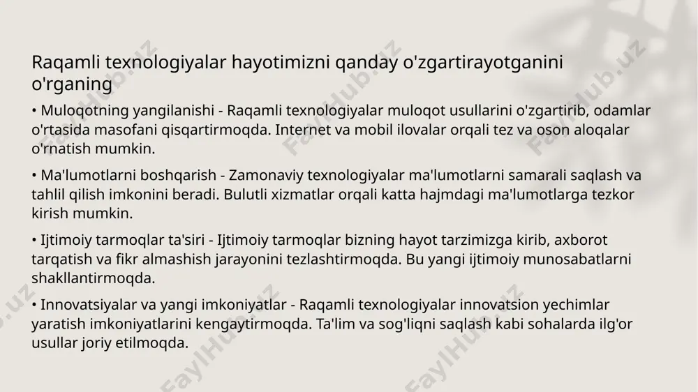h imkonini beradi sun'iy intellektning biznesdagi rolini o'rganing • raqamli transformatsiya - sun'iy intellekt biznes jarayonlarini avtomatlashtirish orqali raqamli transformatsiyaga yordam beradi. bu kompaniyalarga xarajatlarni kamaytirish va samaradorlikni oshirish imkonini beradi. • ma'lumotlardan foydalanish - sun'iy intellekt katta hajmdagi ma'lumotlarni tez va samarali tahlil qilish imkonini beradi. bu qaror qabul qilish jarayonini yaxshilashga yordam beradi. • mijozlar bilan aloqalar - sun'iy intellekt xaridorlar bilan shaxsiy aloqalar o'rnatishga imkon yaratadi. reklama va marketing strategiyalarini aniqroq yo'naltirish imkonini beradi. • innovatsion yechimlar - sun'iy intellekt yangi innovatsion yechimlar taklif qiladi. bu raqobatbardoshlikni oshiradi va bozorning talablariga tez moslashish imkoniyatini beradi. raqamli transformatsiya jarayonini boshqarish usullari • strategik rejalashtirish - raqamli transformatsiya jarayonida strategik rejalashtirish muhim ahamiyatga ega bo'lib, tashkilotning maqsadlari va istiqbollarini aniqlashga yordam beradi • o'zgarishlarni boshqarish - o'zgarishlarni boshqarish jarayoni xodimlarning raqamli transformatsiyaga munosabatini yaxshilaydi va yangi texnologiyalarni qabul qilishni osonlashtiradi texnologik innovatsiyalarni joriy etishning afzalliklari • samaradorlikni oshirish - …