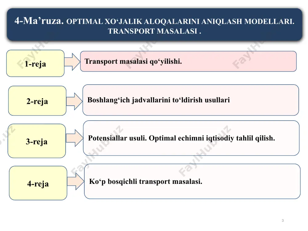 ort xarajatlari (4) chiziqli funktsiya orkali ifodalanadi. agar (1)-(4) transport masalasida  ai = bj tenglik urinli bo‘lsa, bu transport masalasining yopiq modeli deyiladi. transport masalalari asosan jadvallar yerdamida yechiladi. berilganlardan foydalanib transport masalasining boshlangich tayanch rejasi tuzib olinadi. 6 boshlangich jadvalni to‘ldirish usullari. 7 1. eng kam narx usuli. bu usulda jadval kataklari ta’rifi eng kichkina bo‘lgan katakdan, zaxira va ehtiyojni hisobga olib to‘ldiriladi. so‘ngra navbatdagi ta’rifi kichik bo‘lgan katak to‘ldiriladi va xokazo. 2. shimoliy -garb usuli. bu usulda jadval kataklari birinchi satr, birinchi ustundagi katakdan boshlab tuldiriladi, sungra zaxira va extiej xisobga olinib birinchi satrdagi navabatdagi kataklar tuldirilib boriladi. birinchi satr kataklari tuldirilib bo‘lgach, ikkinchi satr kataklari zaxira va extiejni xisobga olib tuldirib boriladi va xokazo. 3. diagonallar usuli. jadvalning bosh diognalida joylashgan kataklar to‘ldiriladi. sungra zaxira va ehtiyoj hisobga olinib, bosh diognalga parallel ravishda undan yuqorida joylashgan kataklar to‘ldirib boriladi. yuqoridagi kataklar tuldirib bo‘lingach, diognaldan pastda unga …