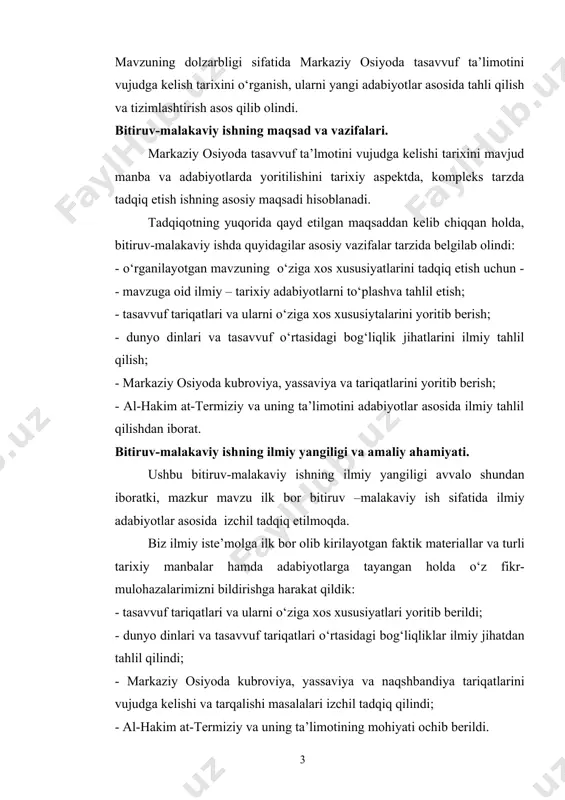 o‘lishi va shakillanishi. 1.1. tasavvuf tariqatlari va ularni o’ziga xos xusussiyatlari musulmon xalqlari hayotida muhim o‘rin egallagan tasavvuf ta’limoti, uning ijtimoiy mohiyati va g‘oyasi to‘g‘risida bildirilgan fikrlar, tasavvufga berilgan ta’riflar deyarli bir-biridan farq qilmaydi. tadqiqotchilarning e’tirof etishicha, mintaqamizda tasavvuf maslagi tariqatlar tarzida xalq orasiga keng miqyosda kirib borgan. musulmon olamida o‘ziga xos mavqeiga erishgani sayin tasavvufning badiiy ijoddan o‘rin egallashi ham kuchayib borgan. shu bois professor najmiddin komilov ta’kidlaganidek, «xi asrdan boshlab sharqning deyarli barcha nufuzli shoir va yozuvchilari, mutafakkir va olimlari tasavvufdan oziqlanib, uning insonparvarlik va xalqsevarlik g‘oyalardan ruhlangan». ulardan ayrimlarini keltirib o‘tamiz: «agar tasavvuf nimadir, deb so‘rasalar, aytginki, bu savolga berilgan javoblar bir qancha. birinchidan, tasavvufni taxlil, ya’ni xoli bo‘lmoq, qalbni bo‘shatmoq va yaxshi, maxtalgan axloqdir, deydilar. ikkinchidan, tasavvufni tasfiya, ya’ni ruhni ag‘yor – begonadan tozalashdir, deb aytadilar. uchinchidan, tasavvuf xuzu’, ya’ni nafsni jilovlash, xoksorlik va jonsiporlik namunasini ko‘rsatishdir deydilar. to‘rtinchidan, tasavvuf da’voni tark etish va ma’nolarni xalqdan …