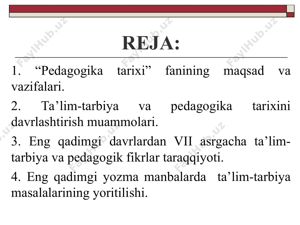 alari: 1) arxeologik yodgorliklar; 2) qo’lyozmalar; 3) xalq og’zaki ijodi; 4) adabiy yodgorliklar; 5) hujjatlar; 6) badiiy adabiyot; 7) memuarlar; 8) sharq va g’arb mutafakkirlarining asarlari. pedagogika tarixini davrlashtirish: ibtidoiy jamoa tuzumini davrlashtirsh qadimgi tosh asri peleolit: ilk o’rta so’nggi mil. av. 700/500-100 ming yilliklar. mil. av. 100-40 ming yilliklar. mil. av. 40-12 ming yilliklar. o’rta tosh asri mezolit mil. av.12 – 7 ming yilliklar. yangi tosh asri neolit mil. av. 6-4 ming yilliklar. mis-tosh asri eneolit mil. av. 4-3 ming yilliklar. bronza davri bronza davri mil. av. 3-1 ming yilliklar. temir asri ilk temir asri mil. av. x-viii asrlar. so’nggi temir asri vii–iv asrlar eng qadimgi davrlar: paleolit – 700/500-40/14 ming yil. m.a.d. (pitekantroplar) paleolit – 700/500-40/14 ming yil. m.a.d. (sinantroplar) paleolit – 700/500-40/14 ming yil. m.a.d. (neandartal) eng qadimgi davrda mehnatga layoqatlilik bilan bog’liqlikda jamoa a’zolari 3 guruhga bo’lingan: piktografik yozuvlar – suratli yozuv ideografik yozuvlar – belgili, …