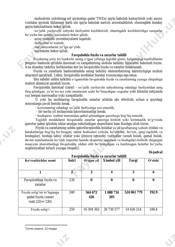 moddalari muayyan miqdorga yetsa va xо‘jalik yurituvchi subyektning faoliyati operatsiyalari mazmuni juda muhim bо‘lsa, bu moddalarning mohiyati va miqdori ochib kо‘rsatilishi kerak. moliyaviy hisobotlarga tushuntirishlarda ochib kо‘rsatishni talab qiladigan muhim xо‘jalik operatsiyalariga quyidagilar kiradi1: 1 3-сон бҳмсмолиявий натижалартўғрисидаги ҳисобот, ўзбекистон республикаси адлия вазирлиги томонидан рўйхатга олинган 27.08.1998 й. n 484 -mahsulotni sotishning sof qiymatiga qadar tmzni qayta baholab kamaytirish yoki asosiy vositalar qiymati tiklanmay turib uni qayta baholab narxini arzonlashtirish, shuningdek bunday qayta baholashlarni bekor qilish; -xо‘jalik yurituvchi subyekt faoliyatini kechiktirish, shuningdek kechiktirishga xarajatlar bо‘yicha har qanday zaxiralarni bekor qilish; -uzoq muddatli investitsiyalarni tugatish; -faoliyatini tо‘xtatish; -sud jarayonlarini yо‘lga qо‘yish; -zaxiralarni bekor qilish. favqulodda foyda va zararlar tahlili foydaning joriy kо‘rsatkichi uning о‘tgan yillarga tegishli qismi, kelgusidagi kutilishlarini prognoz bashorat qilishda daromad va xarajatlarning alohida tarikbiy fismlarini baholash lozim. ana shunday tarkibiy birliklardan biri bu favqulodda foyda va zararlar hisoblanadi. foyda va zararlarni bashoratlashda uning tarkibiy elementlarining takroriyligiga muhim ahayamit …