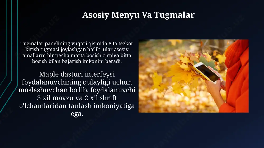 if etadi, bu esa dasturlash vaqtini tejaydi. linear algebra, statistik va ehtimollik nazariyasi bo'yicha 20 dan ziyod kutubxona va modul mavjud bo'lib, ular turli ilmiy va muhandislik hisob-kitoblarida qo'llanilishi mumkin. simvolli hisoblash imkoniyatlari maple'da simvoliy hisoblash orqali 1000 ga yaqin parametrli tenglamalar sistemalarini tezkor va aniq hal qilish mumkin. simvoliy hisoblash vositalari murakkab matematik ifodalarni soddalashtirish va ularni turli formatlarda (masalan, trigonometrik, eksponensial) taqdim etish imkoniyatini beradi. e'tiboringiz uchun rahmat @taqdimot_robot image1.jpg image2.jpg image3.jpg image4.jpg image5.jpg image6.jpg image7.jpg image8.jpg image9.jpg image10.jpg image11.jpg image12.jpg image13.jpg image14.jpg image15.jpg image16.jpg image17.jpg