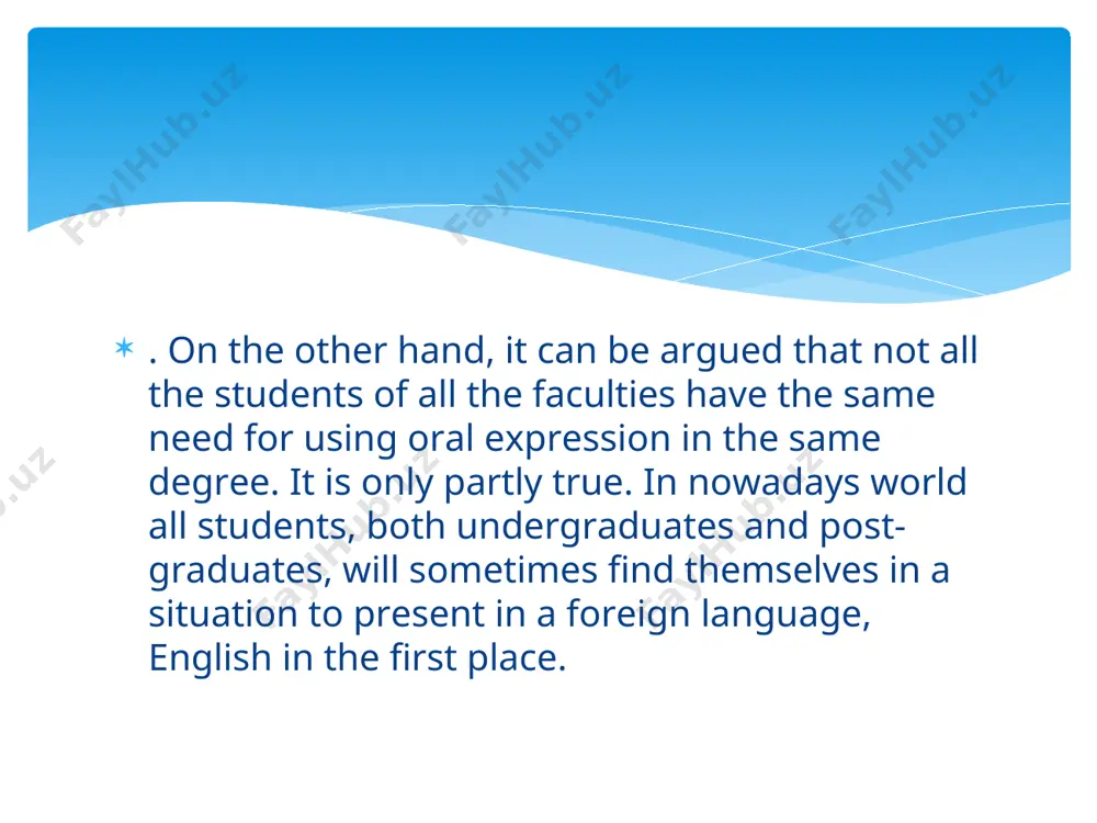 the language classroom. in order to present well, the students must make effort to read and learn as much about the topic as possible, and to use all valid information in the best way they can in their presentation. if they do so, their presentation will be successful, and they will be rewarded by the approval of their teachers and peers. 5) successful oral presentation improves studentsʼ motivation, develops their confidence and self-esteem. they receive an immediate feedback and, for students, future teachers, that immediate feedback is very important because it shows them to what extent they are prepared for their future profession. they understand what teaching really is and how important, but also difficult, it is to maintain the audienceʼs attention and respect. 6) oral presentation is a very demanding and complex task which requires careful guiding by the teacher and interaction with other members of the group. if …