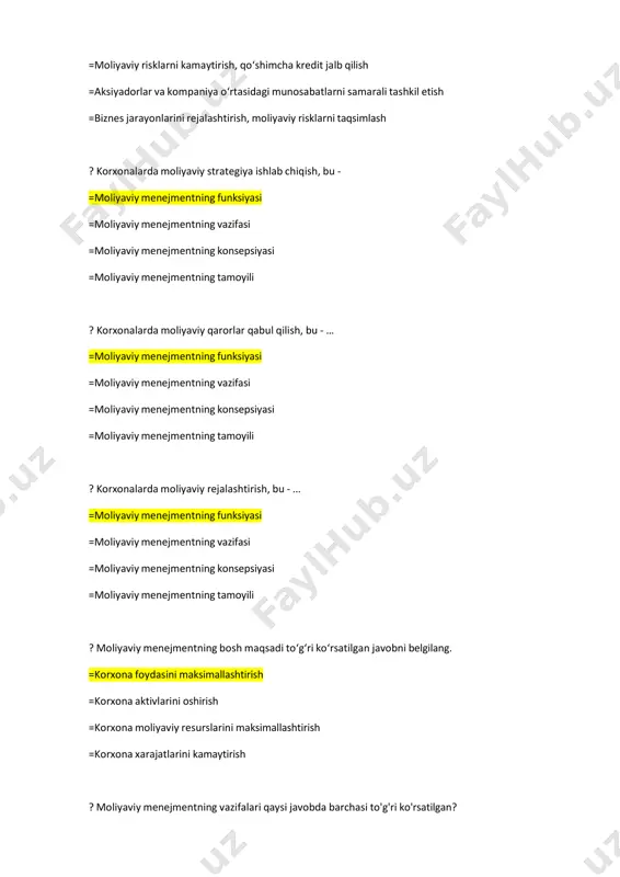 rligini ta'minlash, bu - ... =moliyaviy menejmentning vazifasi =moliyaviy menejmentning funksiyasi =moliyaviy menejmentning konsepsiyasi =moliyaviy menejmentning tamoyili ? moliyaviy munosabatlar bu: =sub’ektlar o‘rtasidagi pulli munosabatlar =tovarlarni chegaralardan olib o‘tish =tovarlar kirib kelishini soliq va bojxona orqali tartibga solish =xalqaro moliya institutlarining tashkil etilishi ? korxona faoliyat yuritishi uchun iqtisodiy, siyosiy, ijtimoiy, huquqiy, texnologik va boshqa sharoitlar majmuasi qanday muhitni oʻzida ifodalaydi? =tashqi muhit =xalqaro muhit =ichki muhit =sotsiologik muhit ? biznes egasining agenti sifatida mulkdor manfaatlari uchun faoliyat yurituvchi shaxs? moliyaviy menejer =buxgalter =ta’minotchi =injener =kadr ? foydani, aksiya kursini va biznes qiymatini maksimallashtirish, aksiyaga toʻgʻri keladigan foyda va dividend darajasini oshirish, shuningdek xoʻjalik sub’ekti raqobatbardoshligi va moliyaviy barqarorligini oshirish maqsadida pul mablagʻlari, moliyaviy resurslarni shakllantirish, taqsimlash va ulardan foydalanish jarayonini boshqarish qaysi soha faoliyat yoʻnalishi hisoblanadi? =moliyaviy menejment =marketing =innovatsiya =autsorsing ? korxonalarda moliyaviy menejment tizimini tashkil etish asosan qaysi jihatlarga bog’liq holda farqlanishi mumkin bo’ladi? =xo’jalik-moliyaviy faoliyatining ko’lami …