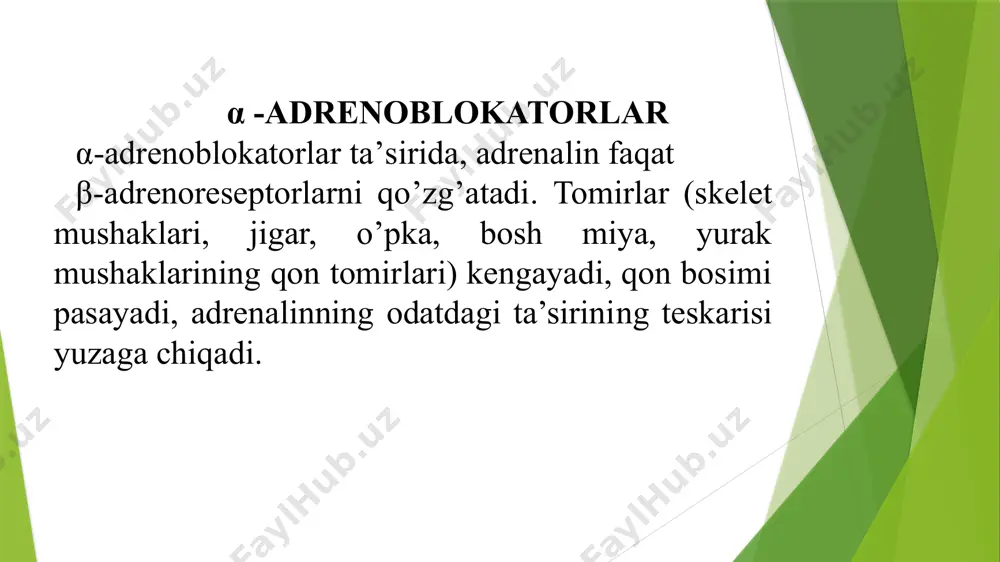 koz (taxikardiyani daf etadi);diffuz toksik bo’qoq xastaligida (yurak-tomir, neyro-psixik o’zgarishlarni bartaraf etadi);bachadonning birlamchi holsizligi, b.qisqarishini kuchaytirish va qo’zg’atish maqsadida;tug’ishdan keyingi asoratlarni oldini olish maqsadida (qon ketishini);ochiq burchakli glaukomada, suyuqlik ishlab chiqarish susaytiradi oksprenolol , «trazikor» 0,02 № 40 tabl. yurak ishemik xastaligida;gipertoniya xastaligida;sinus va paroksizmal taxikardiya aritmiyalarda;ekstrasistoliya larda; tireotoksikoz (taxikardiyani daf etadi);diffuz toksik bo’qoq xastaligida (yurak-tomir, neyro-psixik o’zgarishlarni bartaraf etadi);bachadonning birlamchi holsizligida, uning qisqarishini kuchaytirish va qo’zg’atish maqsadida;tug’ishdan keyingi asoratlarni oldini olish maqsadida (qon ketishini);ochiq burchakli glaukomada, suyuqlik ishlab chiqarish susaytiradi metoprolol 0,05/0,1tabl., 1%-5ml eritma qo`llanilishi: gipertoniya, stenokardiya, aritmiyalar (supraventrikulyar taxikardiyalar, bo’lmachalar fibrilyasiyasi, qorinchalar ekstrasistoliyasi), gipertireoidizm, infarktning oldini olish. labetolol 0,1/0,2 tabl.,1%-5ml eritma qo`llanilishi: gipertoniyada (antigipertenziv vosita) proksodolol 1%-5ml 0,1/0,2 tabl. gipertoniyada (antigipertenziv vosita) noxush tasiri:bosh aylanishi, bosh og’rig’i, ko’ngil aynish, qayt qilish, qabziyat yoki ich ketish, quvvatsizlik, terining qichishishi simpatolitiklar oktadin 0,025 tabl. gipertoniya xastaligining turli ko’rinishlarida, katta burchakli glaukomada noxush tasiri: bosh aylanishi, quvvatsizlik, kam harakatlik, ko’ngil aynish, …