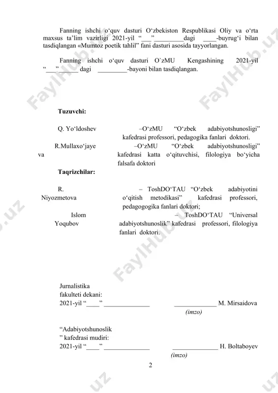 lantirish, uni malakaga aylantirish, ularni badiiy tahlilning filologik va didaktik turlari bilan tanishtirish hamda ulardan amaliyotda foydalanish ko‘nikmasini hosil qilish, badiiy asar tahlilida milliy mansublik va e’tiqod o‘ziga xosligini hisobga olishga o‘rgatish, badiiy tahlilda o‘rganilayotgan asarning tur va janr xususiyatlarini hisobga olishga odatlantirish. ii. asosiy nazariy qism (ma’ruza mashg‘ulotlari) ii.i. fan tarkibiga quyidagi mavzular kiradi: 1-mavzu. «mumtoz poetik tahlil” fan sifatida. fanning maqsadi va vazifalari. badiiy asar tahlili tushunchasi mohiyatini haqida ma’lumot berish. 2-mavzu. badiiy tahlilning tamoyillari. tamoyil tushunchasi, tahlil tamoyillari, badiiy tahlilning yetakchi tamoyillari, tahlil jarayonida tamoyillardan foydalanish. 3-mavzu. badiiy tahlilning yo‘nalishlari. badiiy tahlil yo‘nalishi tushunchasi, mohiyati. genetik, tipologik, funksional, falsafiy, psixologik, lingvistik (semiotik) yo‘nalishlarning xususiyatlari. 4-mavzu. badiiy tahlil turlari. badiiy tahlil, tahlil turlari, tahlilning turlarga ajratish sabablari. tahlilning yetakchi belgilari, ilmiy tahlil, o‘quv tahlili, talqin va tahlil. 5-mavzu. badiiy tahlilda shakl va mazmun munosabati. shakl va mazmun uyg‘unligi, shakl va mazmun munosabati badiiy-estetik muammo sifatida. tahlil jarayonida shakl …