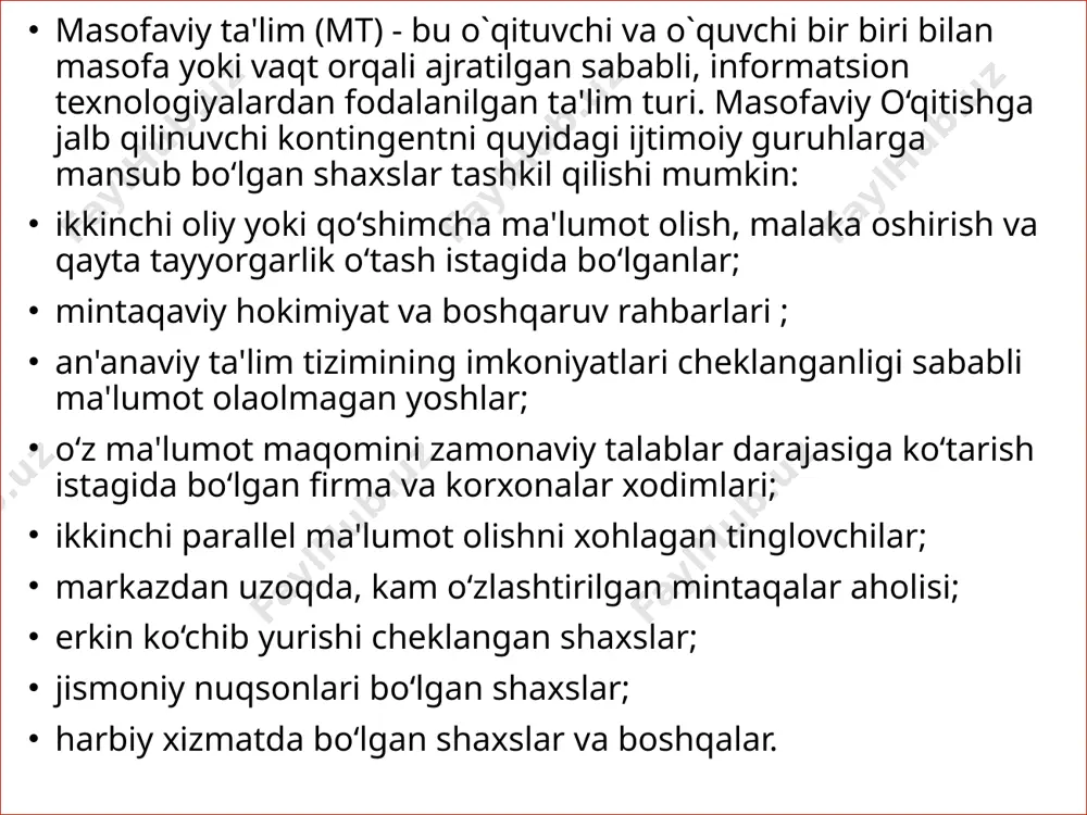 zasini to`planishi. oldingi o`qigan talabalar bilimlarini to`plash va undan foydalanish imkoniyati. kurgazmali qulayliklari. multimediya imkoniyatlaridan to`lik foydalanish imkoniyati. malakali o`qituvchilarni tanlab ta'lim jarayoniga jalb qilish. metodik yutuqlar va afzalliklarga quyidagilarni kiritish mumkin: masofaviy ta’lim kamchiliklari ammo masofaviy ta'limda salbiy tomonlari ham borligi haqida aytish lozim. ularga quyidagilarni kiritishimiz mumkin: elektron holatdagi ta'lim va muloqot jarayonlarga ishonchsizlik. ushbu sababdan talabalar asosan virtual holatdagi ta'lim turida emas, balki oddiy (kunduzgi va sirtqi) ta'lim turlarida o`qish istagida bo`lishadi. davlat masofaviy ta'lim standartlari yo`qligi va natijada davlat nusxasidagi diplom berilmasligi. shu sababdan ko`pgina masofaviy ta'lim kurslari bitiruvchilariga faqat ushbu kursni bitirganligi haqida sertifikat yoki guvoxnomalar berishadi. virtual muhit va texnika ta'minot bilan bog`liqligi. masofaviy ta'lim internet borligi, undan foydalanish narxi, tezligi va servislar mavjudligiga, maxsus kommunikatsion texnikalar mavjudligi va ular ishlashiga taalluqli. image2.png image3.jpeg image4.png image5.jpeg image6.jpeg image7.jpeg image8.jpeg image9.jpeg image1.png /docprops/thumbnail.jpeg