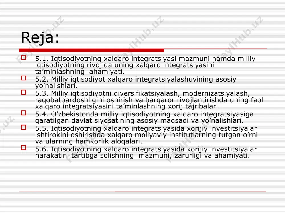 biriga kirib borishi jarayonidir. xalqaro iqtisodiy integratsiya xalqaro iqtisodiy integratsiya – bu turli mamlakatlar iqtisodiy aloqalarining barqarorlashib, chuqurlashib rivojlanishi, ular xo’jaliklarining chambarchas birlashish jarayonlaridir. 2016 yilda milliy iqtisodiyotga 16,6 mlrd. dollar investitsiyalar sarflangan va ushbu ko'rsatkich 2015 yilga nisbatan 9,6 %ga o'sdi. o'zlashtirilgan xorijiy investitsiyalar va kreditlar 11,3%ga o'sib 3,7 mlrd. dollarni tashkil etdi investitsiyalar hajmining o'sish sura'ti, avvalgi yilga nisbatan %da asosiy kapitalga kiritilgan chet el investitsiyalarining turlari, 2015 y. (%) iqtisodiyot tarmoqlari bo'yicha asosiy kapitalga kiritilgan chet el investitsiyalari, 2015 y. (%) iqtisodiyot tarmoqlari bo'yicha asosiy kapitalga kiritilgan chet el investitsiyalarining tarkibi, 2015 y. (%) asosiy fondlar turlari bo'yicha asosiy kapitalga kiritilgan investitsiyalar tarkibi, 2015 y. (%) 12 integratsion jarayonlar mikro – tmkning tashkil etilishi orqali makro – iqtisodiy siyosatni davlatlararo muvofiqlashtirish siyosati mikro va makro miqyosdagi integratsion jarayonlar mikro miqyosdagi integratsion jarayonlar bir-biriga hududiy jihatdan yaqin joylashgan mamlakatlarning xo’jalik yurituvchi sub’ektlarning kapitallarini o’zaro ta’sir doirasi orqali amalga …