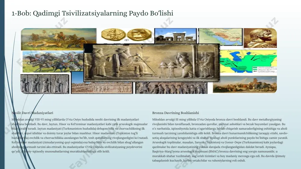 asosan harbiy toʻqnashuvlar bilan kechdi. xan imperiyasi hunlarning bosqinlaridan himoyalanish uchun buyuk xitoy devorini qurishga majbur boʻldi. biroq, ichki nizolar, vorislik uchun kurashlar va xitoyning diplomatik hiylalari natijasida hunlar imperiyasi parchalanib ketdi. milodiy i asrda hunlar ikki qismga: shimoliy va janubiy hunlarga boʻlinib ketishdi. bu parchalanish ularning siyosiy qudratini zaiflashtirdi va oxir-oqibat ularning gʻarbga koʻchib ketishiga olib keldi, bu esa "xalqlarning buyuk koʻchishi" davrini boshlab berdi. 4 3-bob: turkiy xalqlarning yuksalishi turkiy qavmlarning markaziy osiyoda hukmronlikka kelishi hunlar imperiyasining parchalanishidan soʻng, vi asrda markaziy osiyoda turkiy qavmlar siyosiy sahnaga chiqdi. bu davr oʻrta osiyo tarixida yangi bosqichni boshlab berdi. turkiy qabilalar, oʻzlarining harbiy mahorati va tashkilotchilik qobiliyatlari tufayli mintaqadagi yetakchi kuchga aylandi. ular dasht hududlarida yashovchi koʻchmanchi chorvadorlar boʻlib, tezda yirik siyosiy birlashmalarni tashkil etishga muvaffaq boʻlishdi. turkiy xoqonliklarning tashkil topishi va rivojlanishi turkiy xalqlarning eng yirik davlati vi asrda tashkil topgan turk xoqonligi boʻldi. bu ulkan imperiya sharqiy osiyodan …