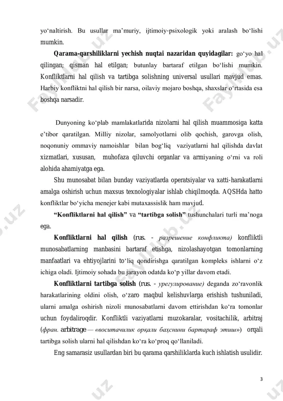 b mamlakatlarida nizolarni hal qilish muammosiga katta e’tibor qaratilgan. milliy nizolar, samolyotlarni olib qochish, garovga olish, noqonuniy ommaviy namoishlar bilan bog‘liq vaziyatlarni hal qilishda davlat xizmatlari, xususan, muhofaza qiluvchi organlar va armiyaning o‘rni va roli alohida ahamiyatga ega. shu munosabat bilan bunday vaziyatlarda operatsiyalar va xatti-harakatlarni amalga oshirish uchun maxsus texnologiyalar ishlab chiqilmoqda. aqshda hatto konfliktlar bo‘yicha menejer kabi mutaxassislik ham mavjud. “konfliktlarni hal qilish” va “tartibga solish” tushunchalari turli ma’noga ega. konfliktlarni hal qilish (rus. - разрешение конфликта) konfliktli munosabatlarning manbasini bartaraf etishga, nizolashayotgan tomonlarning manfaatlari va ehtiyojlarini to‘liq qondirishga qaratilgan kompleks ishlarni o‘z ichiga oladi. ijtimoiy sohada bu jarayon odatda ko‘p yillar davom etadi. konfliktlarni tartibga solish (rus. - урегулирование) deganda zo‘ravonlik harakatlarining oldini olish, o‘zaro maqbul kelishuvlarga erishish tushuniladi, ularni amalga oshirish nizoli munosabatlarni davom ettirishdan ko‘ra tomonlar uchun foydaliroqdir. konfliktli vaziyatlarni muzokaralar, vositachilik, arbitraj (фран. arbitrage — «воситачилик орқали баҳснини бартараф этиш») orqali tartibga solish ularni …