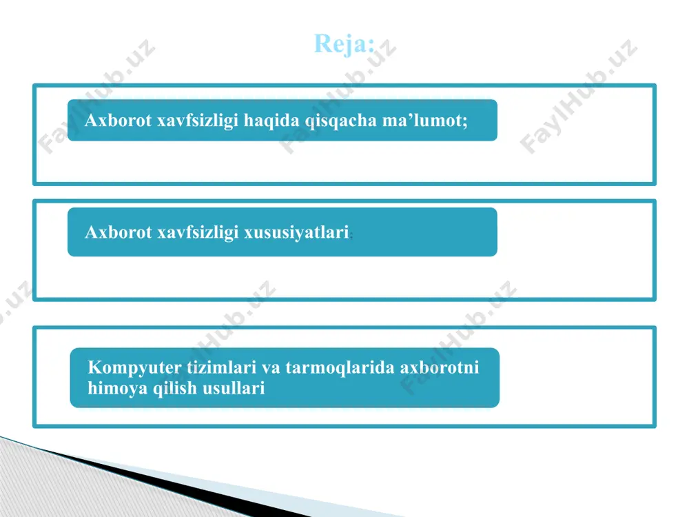 – etarli vaqt mobaynida talab qilingan axborot xizmatini olish imkoniyati, zamonaviy kompyuter tizimlarining yaratilishi va global axborot tarmoqlarining paydo bo‘lishi, kompyuter tizimlari va tarmoqlarining xavfsizlik muammosini yuzaga keltirdi. kompyuter tizimlari va tarmoqlarining xavfsizligi deganda, ularni me’yoriy ishlash jarayoniga tasodifiy yoki oldindan mo‘ljallangan aralashishdan hamda ularni tashkil etuvchilarini o‘g‘irlashga, o‘zgartirishga yoki buzishga bo‘lgan intilishlardan himoya qilish tushuniladi. kompyuter tizimlari va tarmoqlarida axborotni himoya qilish usullari -huquqiy usullar; -tashkiliy usullar; -texnik usullar; -axborotni zaxiralash yoki nusxalash usullar; -kriptografik usullar; -simmetrik va nosimmetrik shifrlash usullari; -almashtirish usullari; axborotni himoya qilishning huquqiy usullari ixtiyoriy vazifani bajaruvchi himoya qilish tizimini rasmiy ravishda qurish va ishlatishni asosi bo‘lib xizmat qiladi. tashkiliy usullar bir nechta xavflarni bartaraf etish uchun ishlatilsa, texnik usullar tashkiliy va texnik tadbirlarga asoslangan holda ko‘pchilik axborotlarni himoya qiladi. axborotni himoya qilishning huquqiy usullarida huquqiy xarakterli masalalar ko‘rib chiqiladi: kompyuter jinoyatchiligi uchun jazolash me’yorlarini ishlab chiqish; programma tuzuvchilarning mualliflik huquqlarini himoya qilish; jinoiy va …