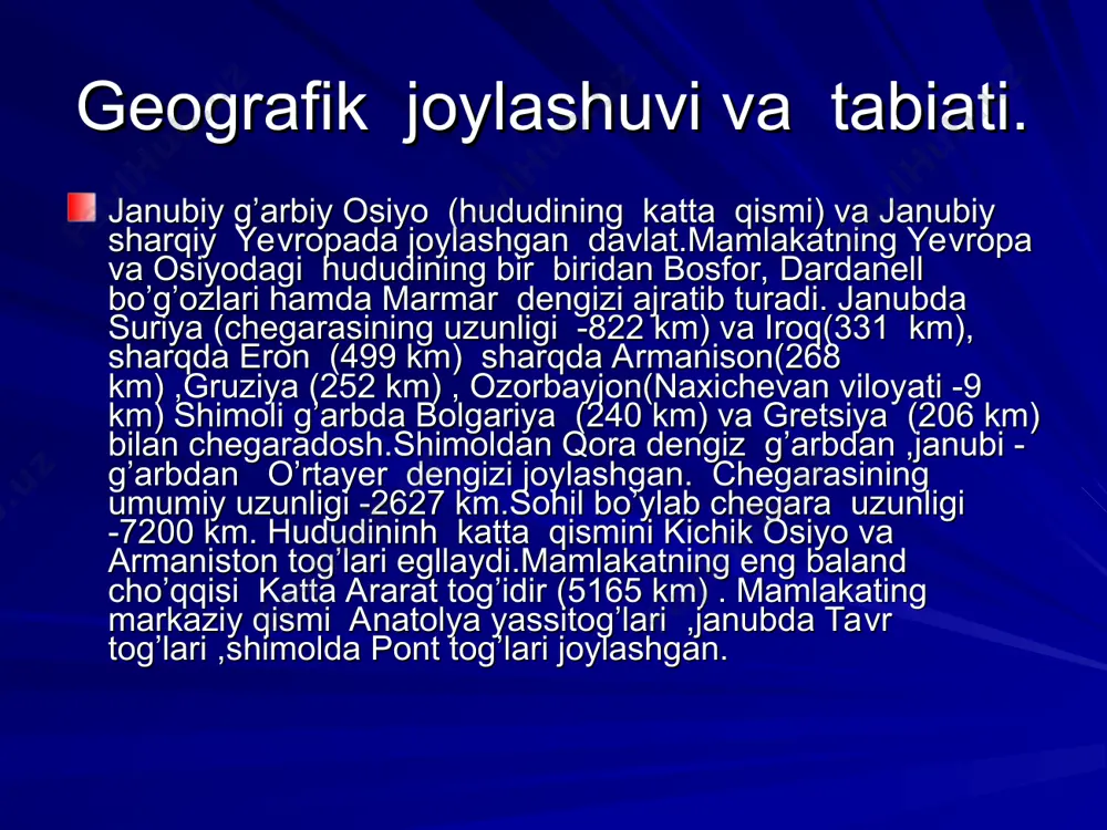 idan respublika hisoblanadi (avval –usmon respublikasi) . 29-oktiabr milliy bayrami-respublika elon qilingan kun. ijro etuvchi hokimyat preezdent(davlat boshlig’i) , prezdent kengashi vabosh vazirga tegishli. qonun chiqaruvchi hokimyati bir palatali parlament buyuk millat majlisiamalga oshiradi.yirik siyosiy partiyalari : to’g’ri yo’l partiyasi, sotsial-demokratik xalq partiyasi,vatan partiyasi. iqtisodi,transport komunikatsiyasi. turkiya hozirgi kunda iqtisodi taraqqiy etgan davlatlar qatoriga kiradi.sanoatning rivojlangan tarmog’i : tog’-kon(ko’mir,xromit, mis bor) ,metallurgiya ,neft, to’qimachilik , oziq-ovqat, qurilish. qishloq xo’jaligida (yim-18%) tamaki , paxta, donli o’simliklar,dukkaklilar,sitruslar ,qandlavlagi yetishtiriladi.chorvachilik rivojlangan.turkiya oziq-ovqatga bo’lgan ehtiyojini o’zi qoplaydi. tizim rivojlangan.2006-yili yim miqdori 552990 mln dollarni (aholi jon boshiga 7765 dollar ) tashkil etgan. asosiy savdo sheriklari germaniya ,aqsh, rossiya ,buyuk britanya. temir yo’linig umumiy uzunligi 8401-km , avtomabill yo’llari -49615 km,ichki suv yo’llari-1200 km. asosiy portlari : istanbul, izmir. tarixi. hozirgi turkiya hududida m.a. 1900-yilda xett davlati , m.a. xll asrda frigiya ,m.a. vll asrda lidiya davlati vujudga keldi. m.a. vl asrda bu hududda forslar …