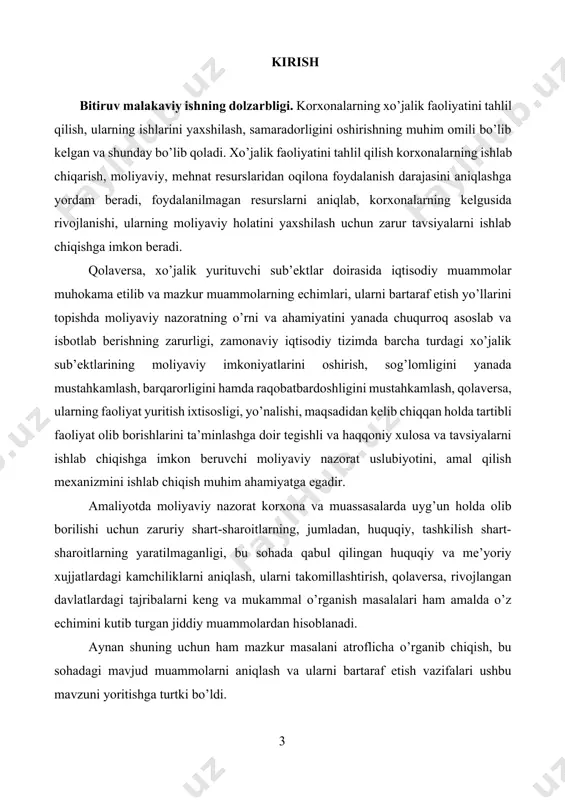 o’zbekistonlik iqtisodchi olimlar ushbu muammolar bo’yicha o’z ilmiy tadqiqotlarida o’rganganlar, ular qatoriga t.s.malikov, m.sh. sharifxo’jaev, a.v.vahobov, a.juraev, n.x.xaydarov, g.yahshiboev va shu kabi iqtisodchi olimlarni kiritish mumkin. bitiruv malakaviy ishining maqsadi va vazifalari. ishning maqsadi o’zbekiston respublikasida korxonalar moliyasini nazorat qilish usullari va ularni samarali tashkil etish yo’nalishlari bo’yicha yuzaga kelgan muammolarni o’rganish va ularni bartaraf etish bo’yicha amaliy tavsiyalarni ishlab chiqishdan iboratdir. ushbu maqsadga erishish uchun ishda quyidagi vazifalar qo’yildi: · moliyaviy nazoratni iqtisodiy mohiyati va vazifalarini ochib berish; · korxonalar moliyasini nazorat qilish usullari va shakllarini yoritish; · korxonalarda audit va auditorlik taftishini o’tkazishning roli va ahamiyatini ko’rib o’tish; · o’zbekistonda korxonalar faoliyatini iqtisodiy tahlilini amalga oshirish; · korxonalar moliyaviy nazoratini iqtisodiy holati tahlili bilan tanishish; · korxonalarda audit va auditorlik taftishini o’tkazishni iqtisodiy xolatini o’rganish; · iqtisodiyotni modernizatsiyalashtirish sharoitida korxonalar moliyasini nazorat qilish usullarini takomillashtirish yo’llari bo’yicha amaliy tavsiyalarni ishlab chiqishdan iborat. bitiruv malakaviy ishning ob’ekti bo’lib o’zbekiston …