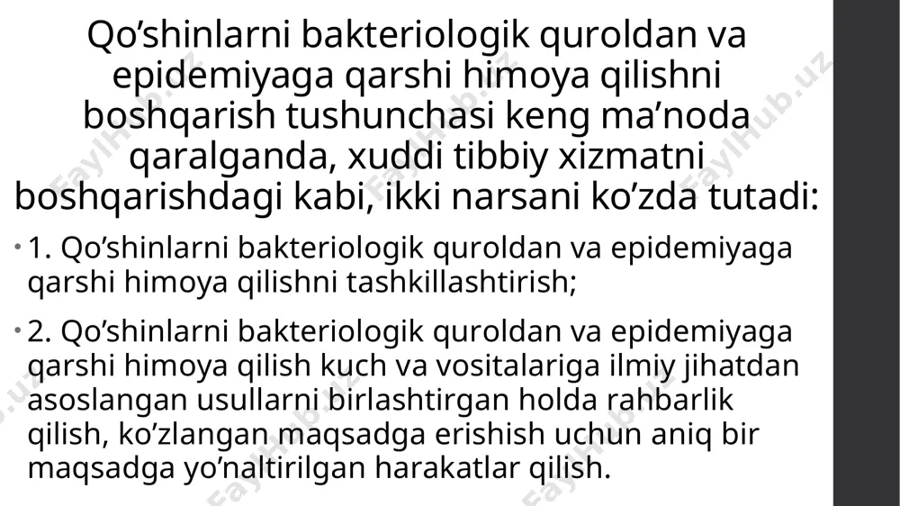 vositalaridan foydalanish. sanitariya ob'ektlarni dezinfeksiya qilish, shaxsiy gigiena qoidalariga rioya qilish. evakuatsiya zararli hududdan odamlarni evakuatsiya qilish va ularni xavfsiz joyga ko'chirish. qo'shinlarni bakteriologik qurollardan himoya qilish choralarini kuzatish himoya vositalari maxsus kiyim-kechak, respiratorlar, himoya niqoblari va boshqa vositalardan foydalanish. dezinfeksiya ob'ektlarni va jihozlarni dezinfeksiya qilish, shaxsiy gigiena qoidalariga qat'iy rioya qilish. ogohlantirish bakteriologik qurollar haqida ma'lumotli bo'lish, xavf-xatarlarni aniqlash va zaruriy choralarni ko'rish. mashqlar qo'shinlarni bakteriologik qurollar ta'siriga qarshi kurashishga tayyorlash, mashqlar o'tkazish. tibbiy xizmatning rolini baholash 1 profilaktika vaksinalar, dorilar va boshqa profilaktik choralar bilan kasalliklarning oldini olish. 2 davolash bakteriologik qurollar bilan bog'liq kasalliklarni davolash va reabilitatsiya qilish. 3 sanitariya ob'ektlarni dezinfeksiya qilish, shaxsiy gigiena qoidalariga rioya qilishni nazorat qilish. hozirgi vaqtda qo’shinlar orasida epidemiyaga qarshi kurash ishlarini tashkillashtirishning asosiy shakli bo’lib epidemiologik nazorat hisoblanadi. uni tibbiy xizmat boshliqlari va maxsus boshqaruv organlarining qo’shinlarni epidemiyaga qarshi himoya qilish va muvaffaqiyatli amalga oshirish borasidagi maqsadga yo’naltirilgan faoliyatlari deb …