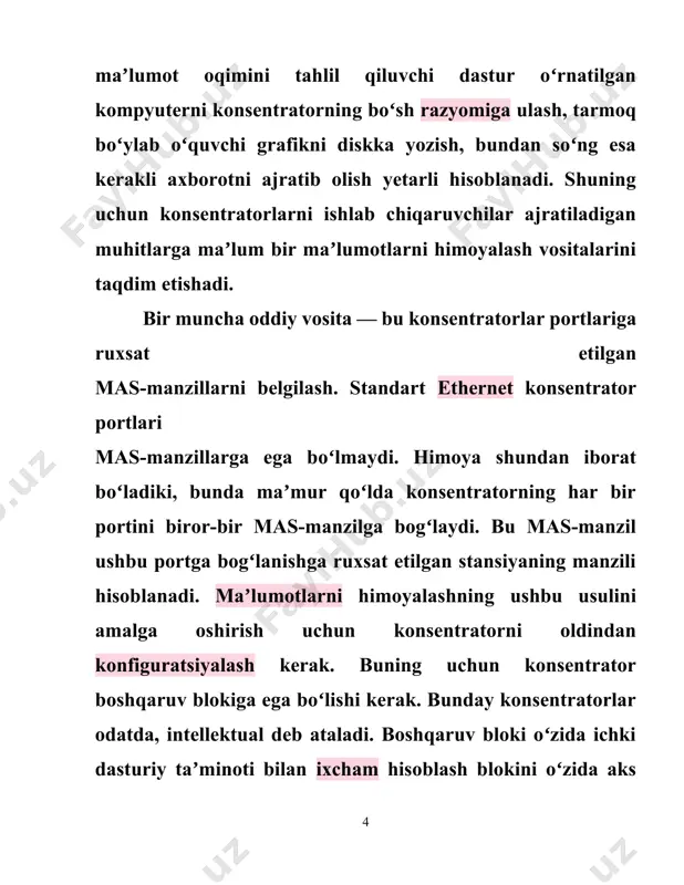 topmasa, tizimli modulga murojaat qiladi. tizimli modul pp ning barcha protsessorlarning soʻrovlariga xizmat qilish bilan parallel ravishda koʻp dasturiy ish tartibida ishlaydi. u umumiy manzilli jadvalni koʻrib chiqishni amalga oshiradi va protsessorni topilgan satrga qaytaradi. protsessor keyingi ishlatish uchun kerakli manzilni oʻzining keshiga buferga joylashtiradi. 2.agar joʻnatish manzili umumiy manzil manzilli jadvalda topilgan boʻlsa va kadrni filtrlash kerak boʻlsa, protsessor buferlab baytlarni yozishni toʻxtatadi, buferni tozalaydi va yangi kadrning kelishini kutadi. 3.agar manzil topilgan va kadrni boshqa portga uzatish kerak boʻlsa, protsessor buferga kadrlarni qabul qilishni davom ettirib kommutatsion matritsaga murojaat qiladi. protsessor yuborish manziliga u orqali marshrut boradigan port bilan uning portini bogʻlaydigan yoʻlni oʻrnatishga urinadi. 4.kommutatsion matritsa buni bu momentga kelib joʻnatish manzili, porti boʻsh boʻlganda, yaʼni bu kommutatorning boshqa porti bilan bogʻlanmagan boʻlganda amalga oshirishi mumkin. 5.agar port band boʻlsa, u holda, barcha kanallar kommutatsiyalanadigan qurilmalardagi kabi matritsa bogʻlanishga ruxsat etmaydi. kommutatordan foydalanilganda tarmoqning unumdorligini oshirishning bosh …