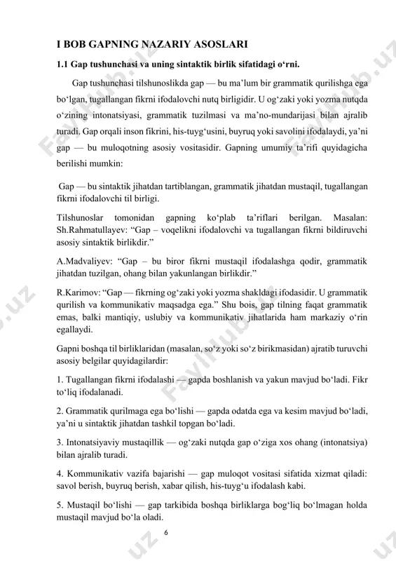 vazifa bajarishi — gap muloqot vositasi sifatida xizmat qiladi: savol berish, buyruq berish, xabar qilish, his-tuyg‘u ifodalash kabi. 5. mustaqil bo‘lishi — gap tarkibida boshqa birliklarga bog‘liq bo‘lmagan holda mustaqil mavjud bo‘la oladi. gap sintaksis (ya’ni so‘zlar va ularning birikmalari asosida fikr ifodalovchi qurilmalar haqidagi bo‘lim)ning asosiy va markaziy birligi hisoblanadi. sintaksisda til birliklari uchta asosiy darajaga bo‘linadi: 1. so‘z birikmalari – ikki yoki undan ortiq mustaqil so‘zning grammatik bog‘lanishi; 2. gap – tugallangan fikrni ifodalovchi birlik; 3. matn – bir nechta gaplarning mantiqiy va mazmuniy bog‘lanishidan hosil bo‘lgan yirik birlik. gap bu tizim ichida eng muhim o‘rin egallaydi, chunki u fikrning asosiy ifoda vositasidir va muloqotning to‘liq bo‘lishini ta’minlaydi. har bir matn gaplardan tashkil topadi, demak, gaplar — matnning qurilish materiali.gapning sintaktik birlik sifatidagi o‘rnini quyidagi jihatlar belgilaydi: so‘zlar va so‘z birikmalarini bir butun fikrga birlashtiradi. fikrni mantiqan yakunlaydi va tushunarli shaklga keltiradi. bog‘lanish vositalari orqali boshqa gaplar bilan …