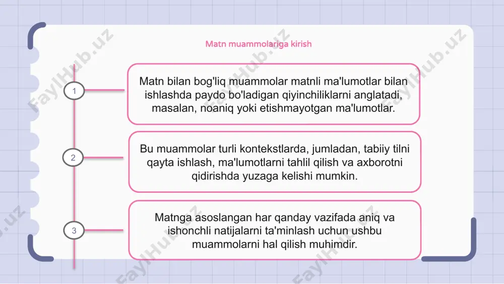 manba, tushunarsiz yoki noaniq til, madaniy yoki tarixiy farqlarni o'z ichiga oladi. matn muammolarining sabablarini tahlil qilish uchun olimlar ko'pincha qiyosiy tahlil, lingvistik tadqiqotlar va tarixiy kontekstga tayanib, matndagi nomuvofiqliklar uchun eng mumkin bo'lgan tushuntirishni aniqlaydilar. matnli masalalarni yechishda texnologiyaning roli matn muammolari yozma matnlarni tushunish, tahlil qilish va sharhlash bilan bog'liq muammolardir. texnologiya matnni tahlil qilish, tarjima qilish va talqin qilishda yordam beradigan vositalar va dasturlarni taqdim etish orqali ushbu muammolarni hal qilishda hal qiluvchi rol o'ynaydi. texnologiyaning matn muammolarini hal qilish usullaridan biri yozma matnlarning ma'nosini tahlil qiladigan va tushuna oladigan tabiiy tilni qayta ishlash algoritmlaridan foydalanishdir. ushbu algoritmlar matnlardagi noaniqliklar, xatolar va nomuvofiqliklarni aniqlash va hal qilishda yordam beradi. bundan tashqari, texnologiya matnlarni bir tildan boshqa tilga tarjima qilish vositalarini taklif etadi, bu esa turli tillarda yozilgan matnlarni tushunish va izohlashni osonlashtiradi. bu madaniyatlar va tillar o'rtasidagi muloqot va hamkorlikni ta'minlaydi. matnli muammolarni muvaffaqiyatli hal qilish bo'yicha …