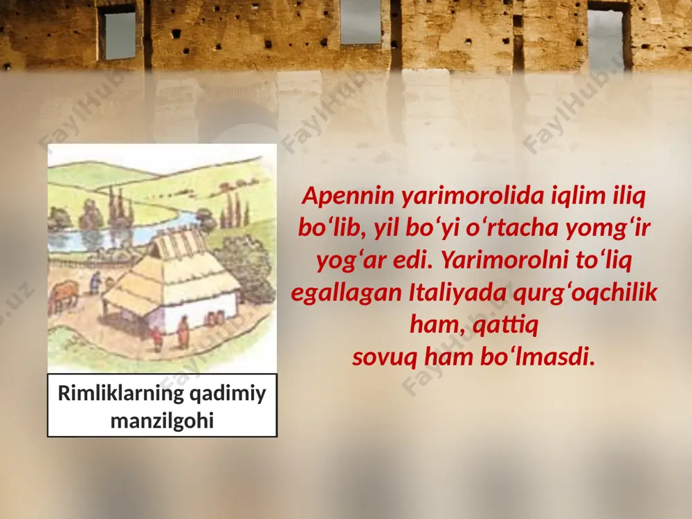 yod etiladi. miloddan avvalgi 509-yilga qadar shu taxlit davom etdi. laqabi mag‘rur tarkviniy degan kishi mamlakatga saylab qo‘yilgan hukmdorni o‘ldirib, hokimiyatni egallab oldi. bundan darg’azab bo’lgan aholi qo’zg’olon ko’tarib, tarkviniyni shahardan haydab yubordi. tarkviniyning shahardan quvg‘in qilinishi savol va topshiriqlar 1. xaritadan italiya hududini ko’rsating va uning geografik xususiyatlarini so’zlab bering. 2. italiyaning aholisi qanday atalgan? 3. “italiya” so’zi qay tariqa vujudga kelgan? bu so’z qanday ma’noni anglatadi? 4. nima uchun ona bo’ri rimning timsoli hisoblanadi? 5. qadimgi rimda boshqaruv qay tarzda amalga oshirilgan. image2.jpeg image3.emf image4.jpeg image5.jpeg image6.jpeg image7.jpeg image8.jpeg image9.jpeg image10.jpeg image11.emf image12.jpeg image13.jpeg image14.jpeg image15.emf image1.jpeg