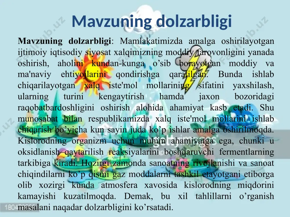 aliy ahamiyati: kurs ishi natijalari kislorodning biologik ahamiyatiga oid ma’lumotlarni to’ldirishda, xavo tarkibinin kislorod bilan boyitish tartiblari miqdorini belgilashda, kunlik kislorodga bo’lgan extiyoz miqdorini me’yorlashda, shuningdek, patologik holatlarning oldini olishda muhim ahamiyat kasb etadi. xavo tarkibidagi miqdori xususan, kislorodning xavo tarkibida turli xil miqdorda uchraydi. va shu sabadan ham o’ziga xos kasalliklarni yuzaga keltiradi. biz bilamizki inson organizmida kislorod juda muxim element xisoblanadi va ularning miqdorining kamayib ketishi natijasida turli xil kasalliklar rivojlanadi. biz shuni anglagan holda xavo tarkibini kislorod bilan boyitishga katta e’tibor berishimiz kerak. o’qitishda zamonaviy pedagogik va axborot texnologiyalaridan foydalanishi orqali ta’lim samaradorligiga erishish; kimyo fani o’qituvchilarining pedagogik va axborot madaniyatini shakllantirishning ilmiy-pedagogik asoslarini yaratish va joriy etish; o’qituvchi kimyoviy jarayonlarning modellashtirish imkoniyatini beradigan pedagogik dasturiy vositalari (crokodile chemistry)dan foydalana bilish, turli xildagi didaktik o’yinlar, turli qiyinlik darajasidagi (ispring quizmarker dasturidan foydalanib) testlar va kimyoviy (hotpotatoes dasturidan foydalanib) boshqotirmalarni tuza olishi, bo’lajak kimyo fani o’qituvchilarining bilim olishga …