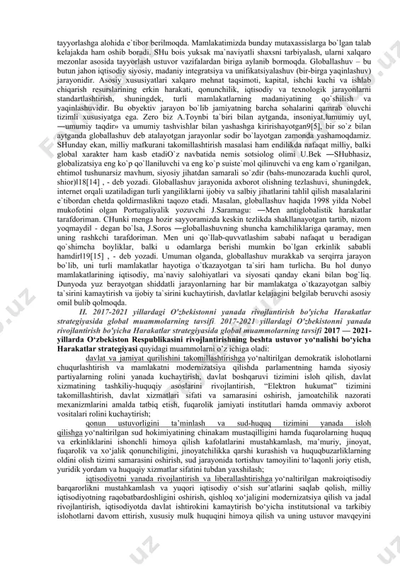 vning asosiy instru-menti bo‗lib, insondagi barcha asosiy o‗zgarshdlarni o‗ziga qamrab oluvchi o‗zgarishlardir .shuning uchun qam iqtiso-diyotdagi globallashuv milliy ma‘naviyatda ham o‗z ifodasini topa-di. afsuski, yuqorida mualliflar tomonidan bildirilgan fikrlardan ko‗rinib turibdiki, globallashuvning milliy ma‘naviyatga o‗tkazayotgan salbiy ta‘siri e‘tibordan chetda qoldirilgan. bu ja-rayonda iqtisodiy globallashuv milliy ma‘naviyatning globallashu-vida vosita vazifasini bajaradi. ana shu muqim jiqat muallif-lar e‘tiboridan chetda qolganligini ko‗rish mumkin. shuning bi-lan birga t. fridmanning globallashuvning «sovuq urush» siyosati bilan tenglashtirilganligi zamirida ham katta ma‘no bor. haqiqat-dan ham bugun u butun insoniyat, ayniqsa uning oliy qadriyatlari-dan biri bo‗lgan millatlar taqdiriga solayotgan tahdidini «sovuq urush» siyosatiga tenglashtirish mumkin. respublikamizda qam tadqiqotchilarimiz tomonidan globallashuv jarayonini o‗rganishga bo‗lgan qiziqish ortib bormoqda. hali bu masalaga bag‗ishlangan fundamental tadqiqotlar e‘lon qilinmagan bo‗lsa qam bir qator ilmiy jiqatdan pishiq bo‗lgan maqolalar e‘lon qilinganligini ta‘kidlash lozim.. xullas, globallashuv tushunchasi qaqidagi qarashlar turli-tumanligicha davom etib kelmoqda. bu tabiiy qol. chunki uning makon va zamonda sodir bo‗lish xususiyatlari turlicha …