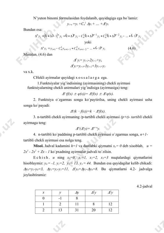 qtalardagi qiymatlarini hisoblaymiz: y0 = -1, y1=2, y2 = 13, y3 = 44. bundan esa quyidagilar kelib chikadi: (y0=y1-y0=3, (y1=y2-y1=11, (2y0=(y1-(y0=8. bu qiymatlarni 4.2- jadvalga joylashtiramiz: 4.2-jadval x y (y (2y (3y 0 -1 8 1 2 11 8 12 2 13 31 20 12 3 44 63 32 12 4 107 107 44 5 214 … … … … … berilgan funktsiya z- darajali kundad bo`lganligi sa-babli uning 3-tartibli ayirmasi o`zgarmas son bo`lib, (3y=12 bo`ladi. jadvalning kolgan ustunlari (2yi+1=(2yi+12, (i=0,1,2,…); (yi+1=(yi+(2yi (i=1,2,…); yi+ 1=yi+(yi (i=2,3,..) formulalar yordamida to`ldiriladi. 3. n’yutonning 1- interpolyatsion formulasi faraz kilaylik y=f(x) funktsiya uchun y1=f(x) qiymatlar berilgan va interpolyatsiya tugunlari teng o`zoklikda joylashgan bo`lsin, ya`ni x1=x0+ih (i=0,1,2,…,h) (h – interpolyatsiya kadami). argumentning moc qiymatlarida darajasi h dan oshmaydigan moc qiymatlar oladigan ko`pxad tuzish lozim bo`lsin va bu ko`pxad kuiidagi ko`rinishga ega bo`lsin: pn(x) = a0+a1(x-x0)+a2(x-x0) (x-x1)+…+an(x-x0) (x-x1)…(x-xn-1). (4.7) bu n-tartibli ko`pxad. interpolyatsiya masalasidagi shartga ko`ra …