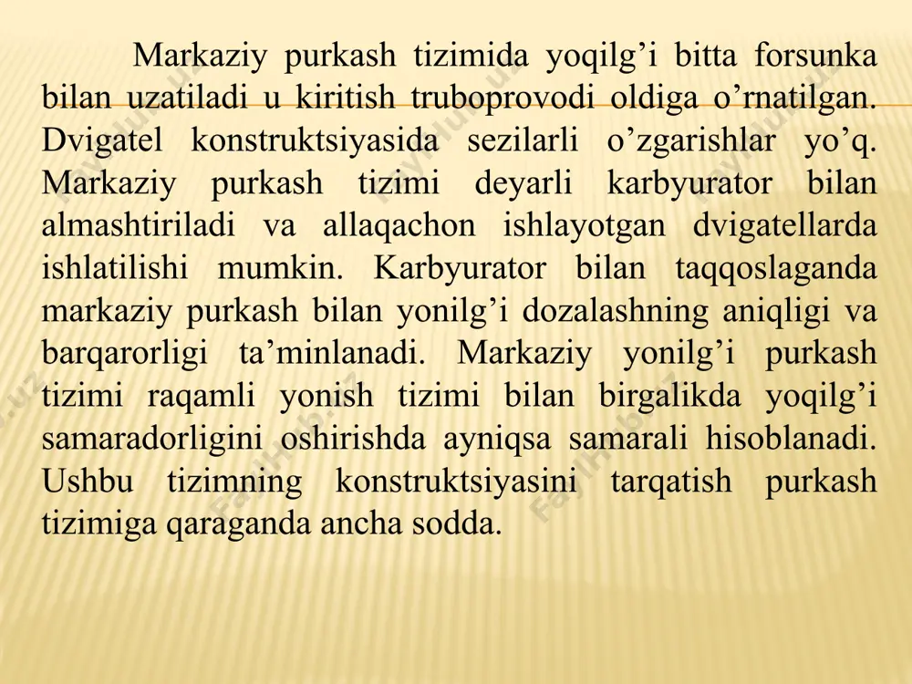 asosiy farq bo’lib, unda yoqilg’i har bir impulsning har xil davomiyligidagi qisqa impulslarda purkaladi. uzluksiz purkash bitta nuqta yoki ko’p nuqta bo’lishi mumkin, ammo u to’g’ridan-to’g’ri bo’lishi mumkin emas. cpfi (central port fuel injection) — markaziy yonilg’i quyish. spfi tizimida kanal yumoloq shakildagi klapandan foydalaniladi hamda markaziy injektor xar bir kiritish kanaliga qo’yiladi, purkash uchun markaziy drossel zaslankasidan bo’lgan kanallardan foydalaniladi. yoqilg’i bosimi spfi tizimiga o’xshaydi. mpfi (multi point fuel injection) — ko’p nuqtali (multi nuqtali) yoqilg’i quyish. yoqilg’i purkash klapani injektorning markaziy nuqtasida emas, balki har bir tsilindrning kiritish klapanining yuqorisidagi kiritish kanalida amalga oshiriladi. mpfi (yoki mpi) tizimi bir vaqtning o’zida yoki ketma-ket bo’lishi mumkin, ya’ni barcha injektorlar forsunkasi ishlaydi, ularning har biri dvigatel cpu tomonidan alohida boshqariladi va har bir tsilindrning har bir shtutseri uchun kerakli vaqtda impuls beradi. ko’pgina zamonaviy efi tizimlari mpfi ketma-ket yonilg’i quyish tizimidan foydalanadi. ammo yangi benzinli dvigatellarda mpfi tizimi to’g’ridan-to’g’ri purkash …
