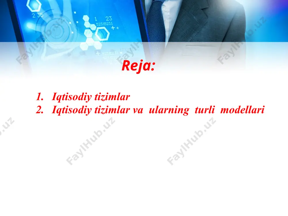 nosabatlarining qorishmasidan iborat tizimdir. bu tizimda bozor vositalari bilan birgalikda rejalashtirish, hamkorlik va saxovatga asoslangan iqtisodiy aloqalar mavjud bo`ladi. iqtisodiyoti yuksak texnologiya, g`oyat yuqori mehnat unumdorligiga asoslanadi, bu esa moddiy to`kinchilikni ta`minlaydi. aholining ko`pchiligi mulk sohibiga aylanadi, davlat o`z siyosati bilan iqtisodiyotga faol ta`sir etadi. rejali yoki buyruqbozlik-ma`muriy iqtisodiyot tizimi. bu to`la-to`kis davlatlashtirilgan iqtisodiy tizimdir. uning asosi davlat mulki hisoblanadi, ishlab chiqarish davlatning reja-topshiriqlariga binoan yurgiziladi, nima ishlab chiqarish masalasi davlatning buyrug`iga binoan hal etiladi. a‘anaviy iqtisodiyot - barcha mamlakatlar uchun xos bo’lib, unda natural yoki mayda tovar xo’jaligi xukmronlik qilgan. texnika taraqqiyoti va uning yangiliklarini joriy qilish cheklangan bo’lgan. ma‘muriy-bo’yruqbozlik iqtisodiyoti - bu bozor iqtisodiyotiga qarama-qarshi bo’lgan tizim bo’lib, bu tizimda davlat mulkchiligi hukmron bo’ladi va iqtisodiyot markazdan boshqariladi. bozor iqtisodiyoti tizimi – bu iqtisodiyotni rivojlantirishda eng muhim bo’lgan tizimdir. bu ikki bosqichga egadir. birinchisi, erkin raqobatga asoslagan klassik bozor iqtisodiyoti, ikkinchisi esa, hozirgi zamon rivojlangan bozor iqtisodiyoti bo’lib, …