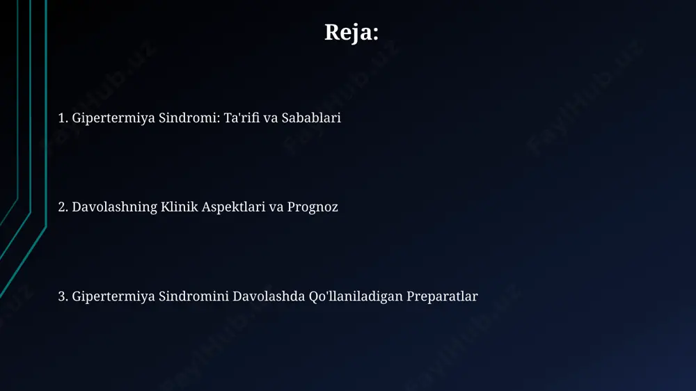 ng spazmini kamaytirish uchun ishlatiladigan birinchi liniyadagi dori hisoblanib, 2,5 mg/kg dan boshlab vena ichiga yuboriladi. boshqa qo'shimcha dori vositalari gipertenziyani boshqarish uchun 5-10 mg dozali beta-blokatorlar qo'llanilishi mumkin, bu yurak urish tezligini pasaytiradi va shuningdek, metabolik jarayonlarni sekinlashtiradi. mushaklarning spazmlarini kamaytirish va noxush his-tuyg'ularni bartaraf etish uchun 50-100 mg dozali analjeziklar va mushak gevşetici vositalar buyurilishi mumkin. dantrolen natriyning qo'llanilishi dantrolen natriy, mg bilan bog'liq bo'lgan gipertermiya va mushaklarning qattiqlashuvini kamaytiradi, shu bilan birga yurak-qon tomir tizimi buzilishlarini oldini olishga yordam beradi. dantrolen natriy, malign gipertermiya (mg) holatida mushaklarning haddan tashqari qisqarishini kamaytirish uchun 2.5 mg/kg vena ichiga yuboriladi, keyinchalik dozasi bemorning holatiga qarab sozlanadi. gipertermiya sindromining oldini olish gipertermiya sindromining oldini olish uchun bemorlarni haddan tashqari jismoniy zo'riqishdan, ayniqsa 35°c dan yuqori haroratda, himoya qilish muhim. suyuqlik muvozanatini saqlash va elektrolitlarni yetarli miqdorda qabul qilish ham profilaktika choralari hisoblanadi. gipertermiya rivojlanishining oldini olishda, yaxshi shamollatilgan joylarda bo'lish va …