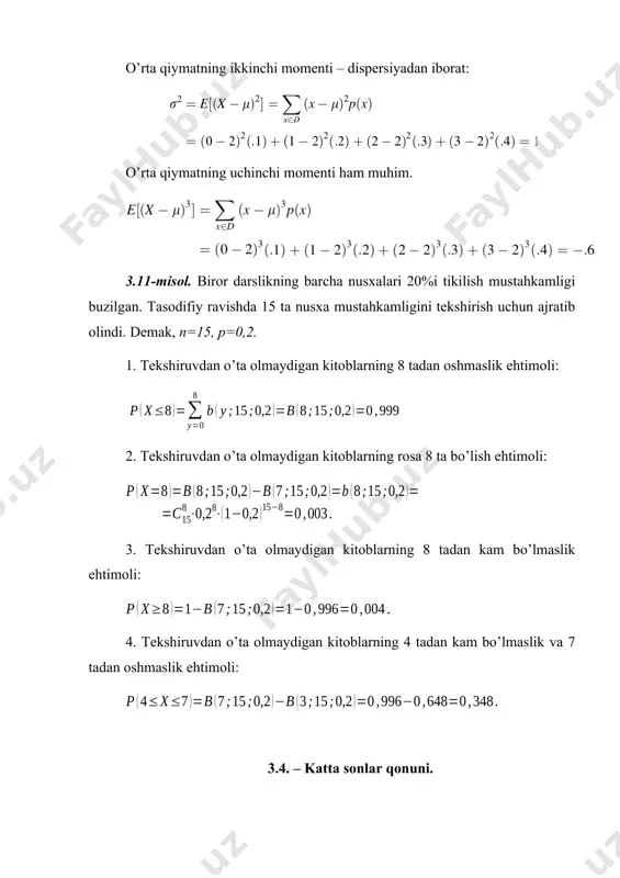 ekin maydonidan olinadigan hosil miqdori ξ t.m. juda ko`p o`zaro bog`liq bo`lmagan tasodifiy faktorlar (omillardan)dan bog`liq bo`lib, hosildorlikka bu omillar alohida-alohida ta`sir ko`rsata olmaydi.biroq hammasi birgalikda yakuniy natijaga ta`sir ko`rsatishi mumkin. statistik kuzatishlar yordamida ξ t.m. uchun mξ = a = 27, (ξ) = = 0,40 ekanligi aniqlangan. bir xil agrotexnik ishlov berilganda hosildorlik [26,28] oraliqda bo`lish ehtimolini toping. yechish. ko`rinib turibdiki ξ t.m. normal taqsimot qonuniga bo`ysinib, a= 27, =0,4, α=26, β=28 lar asosida r(26 < ξ < 28) =f bo`ladi. laplasning funksiyasi qiymatlari jadvalidan f (2,5) = 0,4938 ekanligini ko`ramiz.bunga ko`ra r(26 < ξ < 28) = 0,9876 bo`ladi. shunday qilib, bir xil agrotexnik ishlov berilganda hosildorlik [26,28] oraliqda bo`lish ehtimolini 0,9876 ga teng ekan. mustaqil bajarish uchun topshiriqlar 3.16-misol. fermer xo`jaligida 20 ta qishloq xo`jaligi mashinasi ishlatilmoqda. har bir mashinaning t – vaqt opolig`ida ishdan chiqish ehtimoli bir-biridan bog`liq bo`lmagan holda 0,8 ga teng. ularning ishdan chiqishlar …