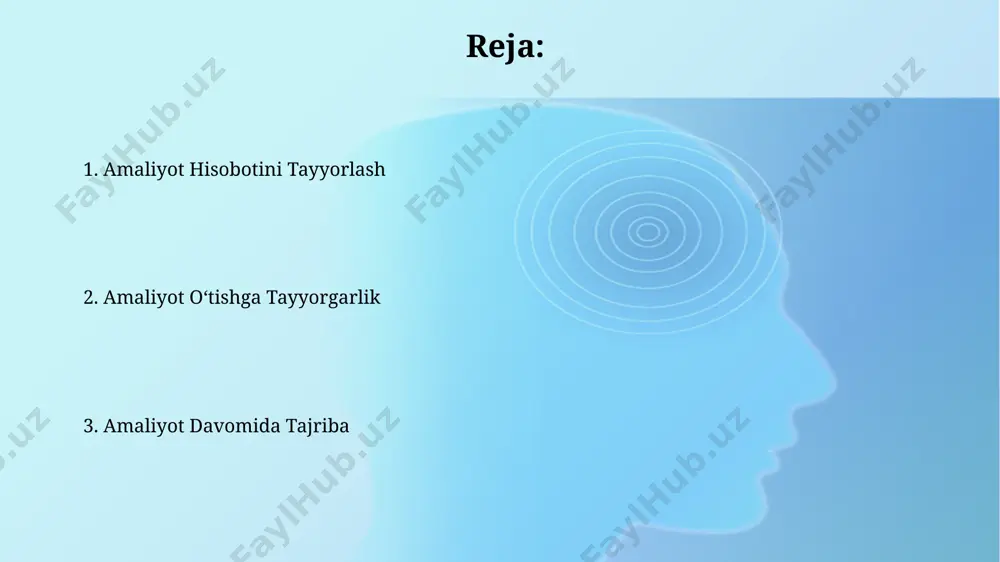 shirildi. xulosa va takliflar amaliyot davomida 3 ta asosiy muammo aniqlandi: texnologiya tanqisligi, malaka oshirish kurslarining yetishmasligi va ish jarayonlarini optimallashtirish bo‘yicha 5 ta taklif ishlab chiqildi. o‘quv jarayonini 20% samaradorroq qilish uchun interaktiv o‘quv materiallaridan foydalanish va 10 ta yangi texnologiya bilan tanishtirish taklif etiladi. amaliyot davomida bajarilgan ishlar loyiha doirasida 3 ta muhim vazifa bajarildi: ma'lumotlar bazasini optimallashtirish, veb-sayt interfeysini yangilash va xatoliklarni tuzatish bo'yicha 200 dan ortiq testlar o'tkazildi. amalyot muddati davomida 5 ta murakkab muammoni hal qilishda bevosita ishtirok etildi, bu esa muammohal qilish va jamoada ishlash ko'nikmalarini rivojlantirishga yordam berdi. e'tiboringiz uchun rahmat @taqdimot_robot image2.jpg image3.jpg image4.jpg image5.jpg image6.jpg image7.jpg image8.jpg image1.png