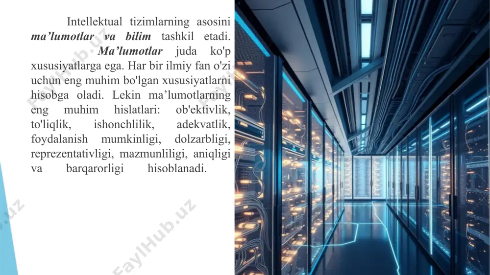 ni izohlash uchun mos usullarning mavjudligi ta'sir qiladi. ma'lumotlarga kirishning yo'qligi yoki ma'lumotlarni qayta ishlashning etarli usullarining yo'qligi bir xil natijaga olib keladi: ma'lumotlarga kirish mumkin emas. ma’lumotlarning dolzarbligi - bu ma'lumotlarning hozirgi vaqt nuqtasiga mos kelish darajasi. ma’lumotlar jarayonlari vaqt o'tishi bilan kengaytirilganligi sababli, ishonchli va adekvat, ammo eskirgan ma'lumotlar noto'g'ri qarorlar qabul qilinishiga olib kelishi mumkin. ma’lumotlarning reprezentativligi ob'ekt xususiyatlarini adekvat aks ettirish uchun uni tanlash va shakllantirishning to'g'riligi bilan bog'liq. ma'lumotni taqdim etmaslik ko'pincha jiddiy xatolarga olib keladi. ma’lumotlar mazmuni semantik sig'imni aks ettiradi, bu xabardagi semantic ma'lumot miqdorining qayta ishlangan ma'lumotlar hajmiga nisbatiga teng, ya'ni bu erda ic - semantik ma’lumotlar miqdori, vd - ma'lumotlar hajmi. ma’lumotlarning aniqligi olingan ma’lumotlarning ob'ekt, jarayon, hodisa va boshqalarning haqiqiy holatiga yaqinlik darajasi bilan belgilanadi bilimlarni tasniflash - bu bilimlarni o'xshashliklari va xususiyatlariga ko'ra muayyan toifalar yoki guruhlarga ajratish va tizimlashtirish jarayoni intellektual tizimlar arxitekturasi - bu tizimning turli komponentlari …