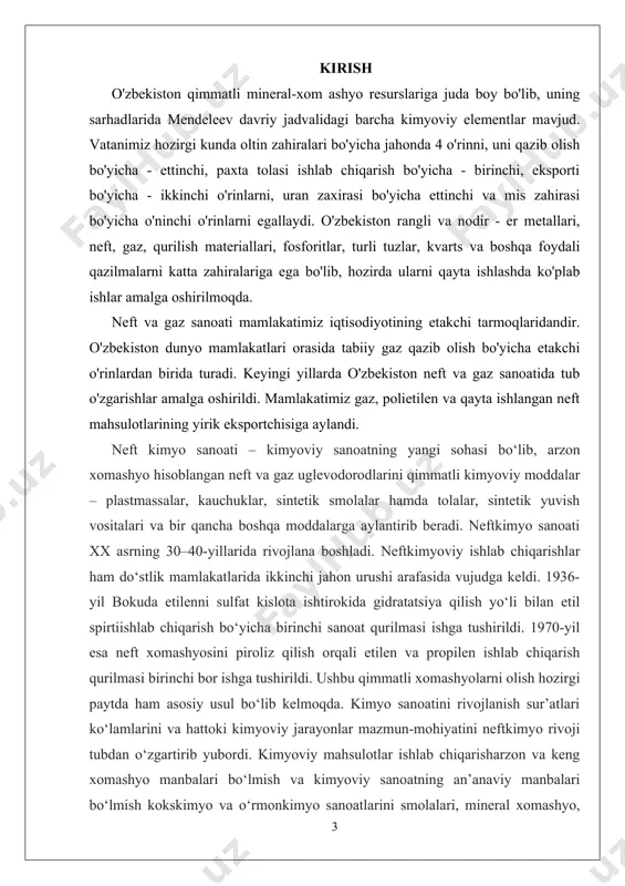 mda zavodlar qurilishida ketadigan kapitalxarajatlarni kamaytirish. 4.ishlab chiqarilayotgan kimyoviy mahsulotlar hajmini bir nechimarta orttirish. 5.mavjud bo‘lgan xomashyo manbalari asosida ilgari amalda mumkin bo‘lmagan yangineftkimyoviy jarayonlarni vujudga keltirish.neftkimyo sanoatining katta iqtisodiy samaradorligi uni tezsur’atlar bilan rivojlanishini belgilaydi. sanoatning boshqa turlariga nisbatan kimyo sanoati 1,5–2 marta tez rivojlanmoqda. kimyo va neftkimyo sanoati rivoji 1991–2010-yillarda 1,7 marta, shu jumladan, plastmassalar va sintetik smolalar–2,kauchuklar1,7, maishiy kimyo tovarlari 1,9 marta ortgan.neftkimyo sanoati o‘z ichiga quyidagi bo‘limlarni oladi:– neftkimyoviy sintez uchun xomashyo ishlab chiqarish; uglevodorodlarni oksidlab va boshqa usullar (gidratatsiya,formilirlash va boshqalar) bilan kislorod saqlovchi mahsulotlarishlab chiqarish;– poliolefin va plastmassalar ishlab chiqarish bo‘limlardan iborat. neft-gaz sanoati sohasida 2013 yilning o'zida 2,8 milliard aqsh dollaridan ziyod investitsiya o'zlashtirildi. bu rejalashtirilgan ko'rsatkichlardan 11 foizga ko'pdir. jahon miqyosidagi loyihalar ishlab chiqilib, hayotga muvaffaqiyatli tatbiq etilmoqda. masalan, jahon neft-gaz sohasidagi eng yirik loyihalardan biri surg'il koni negizida bunyod etilayotgan ustyurt gaz-kimyo majmuasidir. janubiy koreyalik hamkorlar bilan amalga oshirilayotgan ushbu loyihaning …