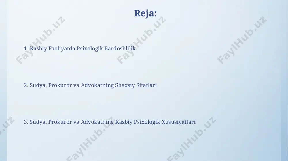 ir qiladi, 15% hollarda esa emotsional zo'riqish noto'g'ri hukm chiqarishga olib kelishi mumkin. advokatning professional psixologik xususiyatlari advokatlarning 70% dan ortig'i yuqori darajada empatiya va muammoni hal qilish qobiliyatiga ega bo'lib, bu ularga ishonchli mijoz munosabatlarini o'rnatishga yordam beradi. muvaffaqiyatli advokatlarning 90% dan ko'prog'i stressga chidamlilik va o'ziga ishonchlilik kabi xususiyatlarga ega bo'lib, murakkab sud jarayonlarida samarali ishlashga imkon beradi. sudyaning professional psixologik xususiyatlari prokurorlar ishonchlilik va qat'iyatlilik xususiyatlariga ega bo'lishlari, dalillarni 70% ishonchlilik bilan tahlil qilish va taqdim etish ko'nikmalariga ega bo'lishlari zarur. sudyalar yuqori darajada 30% dan ortiq holatlarda aniqlik va tafsilotlarga e'tibor qaratishlari, huquqiy normalarni chuqur bilishlari va obyektivlikka intilishlari kerak. etik va axloqiy xulq-atvor sudya, prokuror va advokatlarning professional faoliyatida kamida 3 yillik tajriba va yuqori darajadagi axloqiy-etik me'yorlarga rioya qilish talab etiladi, bu ularning qarorlarining adolatliligiga ta'sir qiladi. advokatning mijoziga nisbatan sadoqati va prokurorning ob'ektivlik tamoyili – bu professional etik xulq-atvorning muhim tarkibiy qismlari bo'lib, …