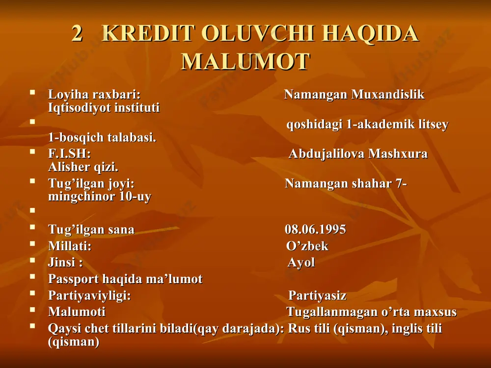 1 dona 50 5 gr 50 57.7 316.6 25.7 650 mahsulot nomi reka yog’och tayyori (so’mda) kraska (so’mda) x asosiy vosita amortizatsiyasi (so’mda) ish haqi (so’mda) qoshimcha harajatlar (ijara kamunal to’lovi) jami (so’mda) chizg’ich 1 dona 30 sm 100 0.5 gr 25 x 3.70 26.38 4.2 160 maxsulot tannarxini chiqarish mahsulot nomi asal ari mumi (so’mda) kaolin (oq tuproq) (so’mda) pigment (bo’yoq) (so’mda) glitsilin (so’mda) o’ram uchun karopka (so’mda) asosiy vosita amortizatsiyasi (so’mda) ish haqi (so’mda) qoshimcha harajatlar (ijara kamunal to’lovi) jami (so’mda) plastilin 40 gr 400 160 gr 80 10 gr 50 2 gr 50 1 dona 100 11 79.9 19.9 750 mahsulot nomi mar mar upasi kauchuk pigment(bo’yoq x x asosiy vosita amortizatsiyasi (so’mda) ish haqi (so’mda) qoshimcha harajatlar (ijara kamunal to’lovi) jami (so’mda) o’chirg’ich 15 gr 30 15 gr 120 1 gr 5 x x 0.5 7.9 6.6 170 6.2 1 (bir) oyda ishlab chiqariladigan maxsulotlar qiymati …