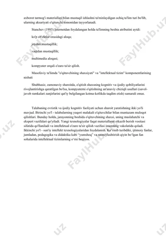 tiv ta'limni joriy etishning mavjud shakllari tahlil qilinadi. moslashuvchan platformaning ko'p nazariy tavsifi taklif etiladi. moslashuvchan ta’limda o‘qituvchi rolining ijobiy va salbiy tomonlari umumlashtirilib, katta hajmdagi ma’lumotlarni qayta ishlash texnologiyalari tahlil qilinadi. o'quv jarayonini moslashtirish va texnologiyalarga asoslangan prognozlash uchun sun'iy intellektdan foydalanish haqidagi tezis asoslanadi: big data, data mining, learning analytics. kalit so'zlar: sun'iy intellekt, ma'lumotlar qazib olish, katta ma'lumotlar, adaptiv o'rganish, adaptiv platformalar. bugungi kunga kelib, kompyuter texnologiyalarining rivojlanishi oldinga katta sakrashni amalga oshirdi, bu yangi texnologiyalarning paydo bo'lishiga va ularni amalga oshirish imkoniyatlariga turtki berdi. katta hajmdagi ma'lumotlarni qayta ishlash tegishli imkoniyatlar va algoritmlarni talab qiladi. bir soniyada juda ko'p sonli operatsiyalarni yoki murakkab matematik hisob-kitoblarni bajaradigan mashina insonning bir qator oddiy harakatlarini bajara olmaydi, masalan, tashqi ko'rinish yoki turli odamlarning nutqini tushunish orqali tezda tashxis qo'yish va hokazo. katta hisoblash quvvatiga ega bo'lsa ham, superkompyuterlar buni deyarli amalga oshira olmaydi. asosiy qiyinchilik ko'p sonli o'zgaruvchilarga ega …