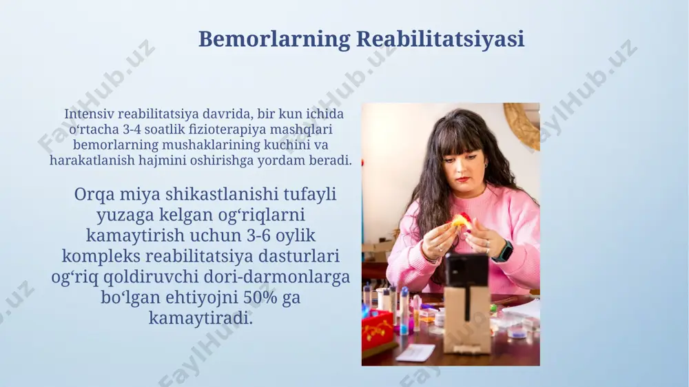 qa miya churralarini diagnostika qilish va davolash usullarini takomillashtirishga qaratilishi kerak, bu esa bemorlarning hayot sifatini sezilarli darajada yaxshilashga olib keladi. orqa miya churralarining rivojlanish mexanizmlarini chuqurroq tushunish uchun katta ma'lumotlar to'plamini tahlil qilish orqali 1000 dan ortiq bemorning tibbiy ma'lumotlarini o'rganish zarur. asoratlar va ularning oldini olish og'ir jismoniy yuklamalar, noto'g'ri ko'tarish texnikasi va surunkali yomon holat orqa miya churrasini keltirib chiqarishi mumkin, shuning uchun to'g'ri ergonomiyalarga rioya qilish zarur. orqa miya churralarining rivojlanish xavfini kamaytirish uchun sog'lom turmush tarzini, jumladan, muntazam jismoniy mashqlarni va to'g'ri ovqatlanishni 20% ga yaqin pasaytirish mumkin. orqa miya churrasi turlari orqa miya churrasining meningomyelosel va meningotsel kabi ikkita asosiy turi mavjud bo'lib, ularning klinik namoyon bo'lishi va og'irligi jiddiy farq qiladi. tug'ilishdan oldin aniqlangan 1000 tug'ilishga taxminan 1-2 ta orqa miya churrasi holati to'g'ri keladi, bu esa bu nuqsonning nisbatan kam uchrayotganligini ko'rsatadi. rejalashtirilgan jarrohlik amaliyoti rejalashtirilgan jarrohlik amaliyoti bemorning holatini baholash, diagnostika …