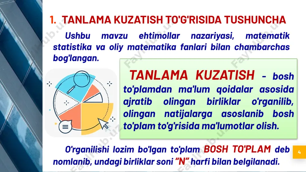 foydalanishdan maqsad: vaqt va moddiy-moliyaviy mablag'larni tejash; kuzatish jarayonida sifati buziladigan yoki qiymatini butunlay yo'qotadigan birliklar miqdorini qisqartirish; bosh to'plam haddan tashqari ulkan bo'lib, uni yoppasiga kuzatish imkoniyati bo'lmasa; kuzatish ob'ektini to'laroq, chuqurroq o'rganish; yoppasiga kuzatish natijalarini tekshirish, nazorat va hokazo. tanlama kuzatish to'g'risida tushuncha 15 tanlama kuzatishni tashkil etishda quyidagi tartibga rioya qilinishi lozim: tanlama to'plamdagi birliklar soni etarli miqdorda bo'lishi kerak; bosh to'plamdan tanlama to'plamga birliklarni tanlashda tanlama to'plamga tushish huquqi tengligini ta'minlash kerak; to'plamdagi o'rganiladigan birliklar soni (miqdori, hajmi) va ularni tanlash usuli oldindan belgilab qo'yilishi kerak. tanlama to'plamning vakolatligini ta'minlaydigan turlicha tanlash usullari mavjud. tanlash alohida va guruhlab tanlamaga bo'linadi. alohida tanlashda birliklar bosh to'plamdan alohida-alohida, guruhlab tanlashda esa ular guruh-guruhlarga bo'lib ajratib olinadi. 16 tanlama kuzatish usullari 1. tasodifiy tanlash. bunda bosh to'plamdan birliklar qur'a yoki chek tashlash yo'li bilan olinadi. tasodifiy tanlash takrorlanuvchi yoki takrorlanmaydigan tartibda o'tkazilishi mumkin. agar tanlab olingan birlik tanlamaga kiritilgandan …