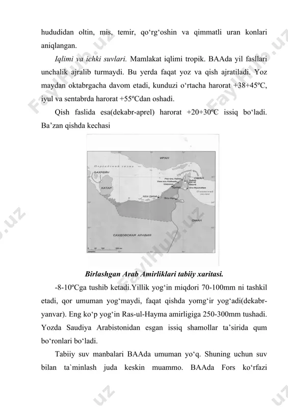 a mamlakat britaniya protek​torati ostida bo‘lganligi sababli neft qazib chiqarishni ingliz kompaniyalari olib borar edi va mahalliy hukumatga ma’lum foizlar ajratar edi. 1975-yil neft qazib chiqarish tarmog‘ini milliylashtirish amalgam oshirildi va undan olinadigan daromad davlat budjetiga kelib tusha boshladi. 1966-yil dubay amirligida ham neft konlari topildi. 1971-yil britaniya qo‘shinlari mamlakat​dan chiqarilib yagona davlat baa tashkil topdi. baa dunyo neft bahosining ko‘tarilishi bilan kichik cho‘l amirligidan hayot tarzi yuqori bo‘lgan davlatga aylandi. 1966-yil abu-dabi amirligi neft eksport qiluvchi mamlakatlar tashkiloti “opek” ga a’zo bo‘ldi. 1971-yil amirliklarning yagona davlat bo‘​lib birlashishi natijasida opek ka a’zolik baa ga o‘tdi. mamlakat opek ka bir vakil bo‘lib a’zo bo‘lsada, har bir amirlik o‘z hududidagi neft qazib chiqarish, eksport qilish hajmini o‘zi belgilaydi. neft va mineral resurslar vazirligining hukumronligi cheklangan bo‘lib, u faqatgina neft qazib chiqa​rish tarmog‘i rivojlanishining umumiy yo‘nalishlarini belgilab beradi va uni rivojlantirishda cheklangan holda ishtirok etishi mumkin. neftning yirik zahirasiga ega bo‘lgan abu-dabi …