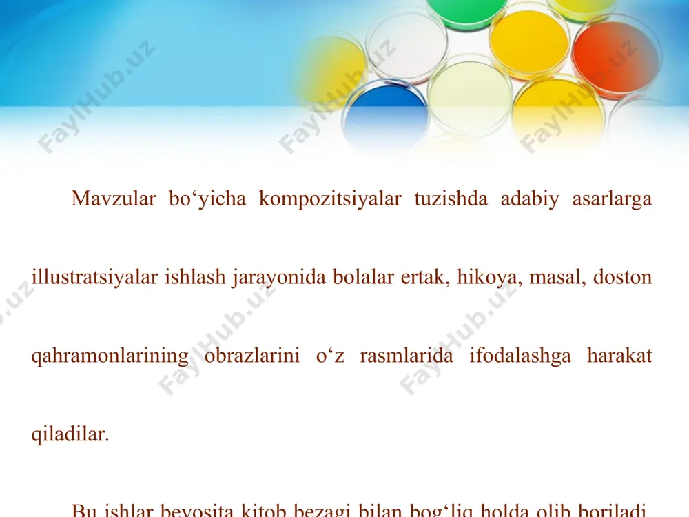 ishlangan. rasmlarda ko‘rib turganingizdek, bu illustratsiyalar bevosita kitob bezagi mazmuni bilan bog‘liq holda olib borilgan. asardagi qiziqarli voqea, hodisalar tanlab olinib, ularga mos eskizlar chizilgan. ushbu rasmlarda shum bolaning onasidan yashirincha xumdan yog‘ va hovlisidagi tovuqlarning tuxumidan olib ko‘chaga chiqib ketayotgan vaqtida onasi uni ko‘rib qolib, koyiyotgani tasvirlangan. keyingi holatlarda shum bolaning o‘z qilmishidan qo‘rqib turgani, begonalarning uyiga kirib qolib, tandirning ichida yashirinib o‘tirgani va o‘zining qilgan shumligidan sevinayotgani, qolaversa, domlaning shum bolaga nasihat qilayotgan holatiga eskiz ishlangan. asar qahramoni obrazining tashqi ko‘rinishlari, xatti-harakatlarida kambag‘al, qashshoq, mehmondo‘st, sodda ekanligini ko‘rishimiz mumkin. shundan so‘ng turli variantlarda ishlangan ushbu dostonlarga asoslangan kompozitsiyalarni yordam tariqasida «alpomish», «go‘ro‘g‘li», «avazxon», «j.manguberdi» kabilarning alohida tasvirlangan illustratsiyalari berilishi mumkin. asarga ishlangan illustratsiya kompozitsiyasini tuzishda turli xil illustratsiya rasmlaridan foydalanib, qalamda eskizi bajariladi. qalamda bajarilgan eskizni birma-bir kuzatib, xatolari tuzatiladi.