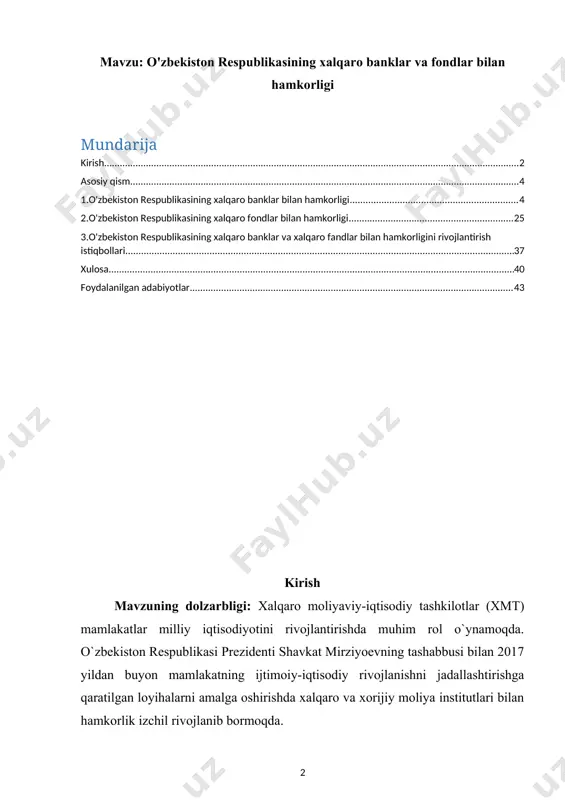 port salohiyatini kengaytirish, tashqi savdoni faollashtirish va makroiqtisodiy barqarorlikni mustahkamlashga qaratilgan. bu xmtlarning o`zbekistonga bo`lgan ishonchini mustahkamlashda o`z aksini topdi, bu esa yirik xalqaro moliya tashkilotlari tomonidan ajratiladigan imtiyozli kreditlar va grantlar hajmining oshishiga olib keldi. aholining farovonligini oshirish, kambag`allikni bartaraf etish, uy-joy bilan ta`minlash va kommunal xo`jaliklarni davlat tomonidan rekonstruksiya qilish bo`yicha amalga oshirilayotgan keng ko`lamli islohotlar va tadbirlar turmush tarzi, ishlab chiqarish va tadbirkorlik faoliyati uchun zarur bo`lgan energiya, suv ta`minoti, transport va kommunikasiya infratuzilmasini rivojlantirish uchun katta hajmdagi investisiyalarni talab qiladi. ichki imkoniyatlar cheklanganligi sababli xmt tomonidan ajratilgan kreditlar va grantlar infratuzilma, sanoat va qishloq xo`jaligi loyihalarini moliyalashtirish uchun ishlatilmoqda. xususan, 2021 yil 1-yanvar holatiga ko`ra, jami davlat tashqi qarzining 17,5% yoki 3,7 mlrd. doll. davlat byudjetini qo`llab-quvvatlashga, 12,4% yoki 2,6 mlrd. doll. energetika sohasiga, 13,7% yoki 2,9 mlrd. doll. elektr energetika sohasiga, 11,5% yoki 2,4 mlrd. doll. transport va transport infratuzilmasi sohasiga, 11,0% yoki 2,3 mlrd. …