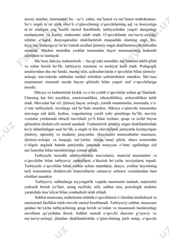 yicha ajratish mumkin, lekin shaxs qismlar bo‘yich a emas, balki bir butun holda shakllanadi, nimagaki ong, munosabatlar, xulq, atvor har qanday holatda mo‘ljalli va tasodifiy harakatlar ta’sirida butunlikda shakllanadi. psixologiyada ong va faoliyat birligi prinsipi mavjud, ya’ni ong faoliyatda shakllanadi. birinchi guruh metodlarining asosiy vazifasi tarbiyalanuvchilarda munosabatlarni, yo‘nalganlikni, ishonch va qarashlarni shakllantirish hisoblanadi. bular asosida xulq-atvor normalari, ijtimoiy qadriyatlar to‘g‘risidagi bilimlar yotadi. birinchi navbatda insonni ishonchi uning xatti-harakatlarida ifodalanadi. ikkinchi guruh metodlari tarbiyani faoliyatda amalga oshishi prinsipiga amal qilishni talab etadi. shaxsda u yoki bu sifatlarni sharoit yaratmasdan shakllantirib bo‘lmaydi. pedagoglarni vazifasi ana shunday sharoitlarni hosil qilish hisoblanadi. uchinchi guruh metodlri yordamida pedagoglar va tarbiyalanuvchilarni o‘zlari o‘z xatti-harakatlarini nazorat qilib, tarbiyalanuvchilarni faoliyat motivlariga ta’sir etadilar. nazorat va o‘z-o‘zini nazorat qilish metodlari tarbiya natijalarini baholashga va tahlil etishga yo‘naltirilgan bo‘lib, tarbiyalanuvchilarni shakllanashiga ta’sir etadi. agar tarbiya natijalari tarbiyalanuvchilar bilan birga tahlil etilsa, samaradorlilikka erishiladi hamda ularni o‘z-o‘zini tarbiyalashi stimullashadi. tarbiya metodlari …