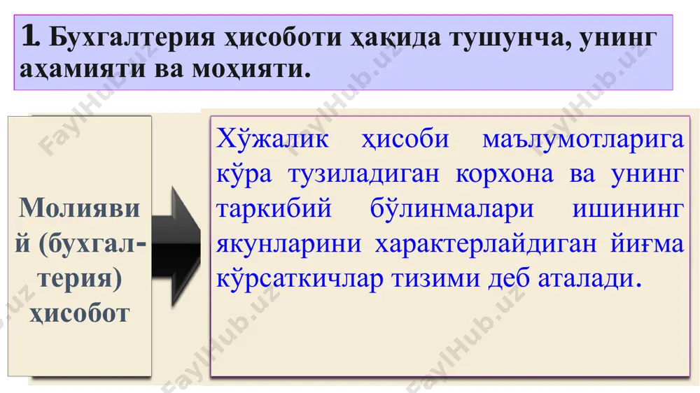 боротдан иборатдир (22-модда). йиллик молиявий ҳисобот қуйидагиларни ўз ичига олади: бухгалтерия баланси молиявий натижалар тўғрисидаги ҳисобот изоҳлар, ҳисоб- китоблар ва тушунтиришлар пул оқимлари тўғрисидаги ҳисобот хусусий капитал тўғрисидаги ҳисобот халқаро стандартлар бўйича тузиладиган молиявий ҳисоботга доир талаблар молиявий ҳисоботнинг халқаро стандартларида белгиланади. бухгалтерия ҳисоби субъекти молиявий ҳисоботни тузишда мустақил балансга ажратилган ўз ваколатхоналарининг, филиалларининг ва бошқа таркибий бўлинмаларининг бухгалтерия балансларини ҳамда бошқа ҳисобот шаклларини киритиши керак. молиявий ҳисобот ҳисобот йили бошидан ортиб борувчи якун билан тузилади. бюджет ташкилотларининг молиявий ҳисоботи бюджет тўғрисидаги қонун ҳужжатларига мувофиқ тузилади ва тақдим этилади. молиявий ҳисоботнинг таркиби ва мазмуни ўзбекистон республикаси молия вазирлиги томонидан белгиланади. банклар ва бошқа кредит ташкилотлари молиявий ҳисоботининг таркиби ҳамда мазмуни ўзбекистон республикаси марказий банки томонидан белгиланади. консолидациялашган молиявий ҳисобот (23-модда) асосий хўжалик жамияти бўлган ва шўъба хўжалик жамиятларига, ўз назорати остидаги ташкилотларга эга бухгалтерия ҳисоби субъекти консолидациялашган молиявий ҳисоботни тузади. консолидациялашган молиявий ҳисоботни тузиш тартиби, шунингдек асосий хўжалик жамиятининг назорати …