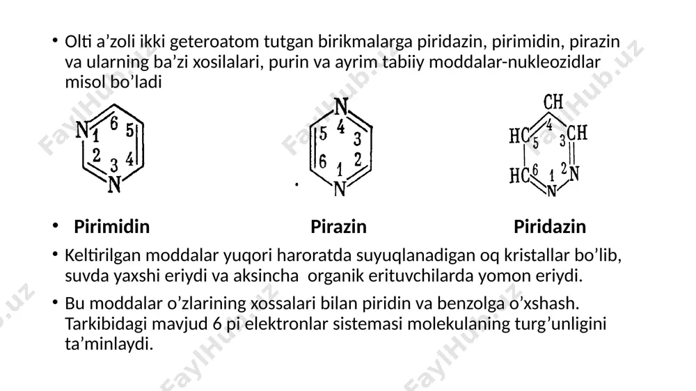 ril guruhni saqlaydigan birikmalarni olamiz. bu jarayonlarda katalizator bo’lib asosan natriy etilat olinadi. barcha reaksiyalar nukleofil xossaga ega bo’lgan azot atomining elektrofil xossaga ega bo’lgan karbonil guruhga hujumi bilan boradi. ma’lumotlarga qaraganda amidinlar va murakkab efirlar kondensatsiyasi ishqoriy muhitda, nitril guruhlar bilan esa kislotali muhitda boradi. pirimidinni o’zini sintez qilish uchun laktim shaklidagi barbitur kislotadan foydalaniladi pirimidinning elektron tuzilishi: pirimidin halqasi 4 atom uglerod va 2 atom azotdan tashkil topgan bo’lib barcha atomlar sp2 gibridlangan holatida bo’ladi. 3 ta valent bog’i bilan bog’langan uglerod atomlari bitta tekislikda yotadi shu sababli pirimidin molekulasi tekis tuzilishga ega. o’zaro bog’langan halqada 6 ta pi elektronning bo’lishi pirimidinga aromatik xususiyatni beradi. halqaning delokalizatsiya energiyasi 109,2 kj/mol ga teng. piridinga nisbatan pirimidinlarning elektron zichligi taqsimlanishi barobar emas. kuchli mezomer va induktiv effekt kuzatiladi. ikkinchi azot atomini halqaga kiritilishi induktiv effektni hosil qiladi. biroq bunday omillar ta’sirida mezomer effekt kuchayib ketadi. masalan; pirimidin molekulasidagi azot atomlarining …