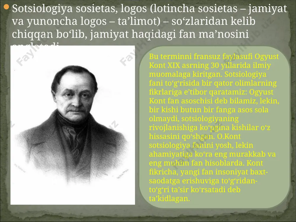 klassifikasiyasiga ko‘ra sotsiologiya strukturasida ikki yo‘nalish bor: fundamental yo‘nalish; amaliy yo‘nalish tadqiqot sohasida esa: 1) nazariy tadqiqot 2) empirik tadqiqotlarga bo‘linadi tuzilish sohasi bo‘yicha: 1) maxsus fanlar sohasi 2) tarmoq sohalari mavjud sotsiologiya strukturasida fundamental va amaliy yunalishlarni, nazarny va empirik tadqiqotlarni, mahsus va tarmoq sohalarni ajratib kursatish darkor. ular bir-birlari bilan juda murakkab o‘zaro dialektik aloqodorlar. ayrim hollarda bir-birlariga qo‘shilib ketadilar, boshqa holatlarda esa bir-birlarinn inkor qiladilar. tadqiqotimiz ilmiy, teran bo‘lishligi uchun sotsiologiya strukturasini bu elementlarini alohida tahlil qilib chiqshga harakat qilamiz. shuning uchun tularoq va har tomondama hususiyatga ega bulish bilangina sotsiologiyani strukturasini kursatib berish lozim. fundamental sotsiologiya fundamental sotsiologiya boshka elementlardan o`zinig hal qilayotgan muammolarining darajasi, iqlimi va ahamiyati bilan farq qiladi. fundamental sotsiologiya mohiyatidan muammolar, abstraktsiyannng (mavhumlik) oliy darajasi bilan shug‘ullanib, sotsial olamning taraqiyoti va borliga uchun zarur bo`lgan umumiy qonun va qonuniyatlari izlash bilan faoliyat ko`rsatadi. fundamental sotsiologiya minglab maktablar va yo‘nalishlarga egadirki, ular sotsiologiya …