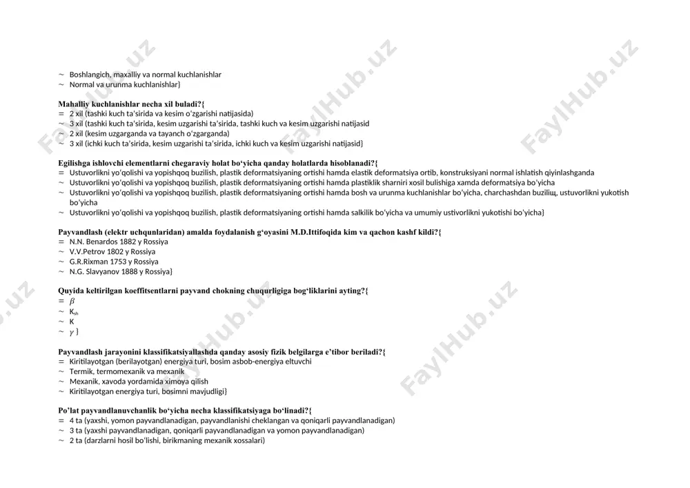 iy va boshlangich kuchlanishlar, kuchlanishlar tuplangan xolda · asosiy, maxalliy va kuchlanishlar tuplangan xolda · boshlangich, maxalliy va normal kuchlanishlar · normal va urunma kuchlanishlar} mahalliy kuchlanishlar necha xil buladi?{ · 2 xil (tashki kuch ta’sirida va kesim o‘zgarishi natijasida) · 3 xil (tashki kuch ta’sirida, kesim uzgarishi ta’sirida, tashki kuch va kesim uzgarishi natijasid · 2 xil (kesim uzgarganda va tayanch o‘zgarganda) · 3 xil (ichki kuch ta’sirida, kesim uzgarishi ta’sirida, ichki kuch va kesim uzgarishi natijasid} egilishga ishlovchi elementlarni chegaraviy holat bo‘yicha qanday holatlarda hisoblanadi?{ · ustuvorlikni yo‘qolishi va yopishqoq buzilish, plastik deformatsiyaning ortishi hamda elastik deformatsiya ortib, konstruksiyani normal ishlatish qiyinlashganda · ustuvorlikni yo‘qolishi va yopishqoq buzilish, plastik deformatsiyaning ortishi hamda plastiklik sharniri xosil bulishiga xamda deformatsiya bo’yicha · ustuvorlikni yo‘qolishi va yopishqoq buzilish, plastik deformatsiyaning ortishi hamda bosh va urunma kuchlanishlar bo’yicha, charchashdan buziliщ, ustuvorlikni yukotish bo’yicha · ustuvorlikni yo‘qolishi va yopishqoq buzilish, plastik deformatsiyaning ortishi …