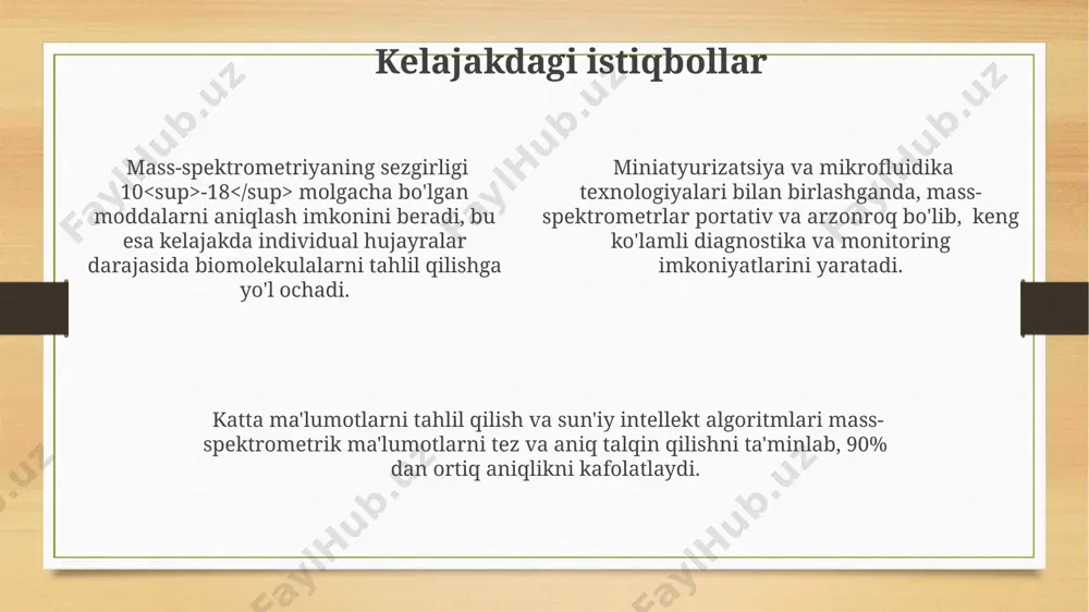 da qo'llanilishi mass-spektrometriya yangi dorilarni yaratishda muhim rol o'ynaydi, chunki u dori moddalarining metabolizmini o'rganish va ularning samaradorligini baholashda 90% dan yuqori aniqlikni ta'minlaydi. mass-spektrometriya yordamida qon plazmasidagi 100 dan ortiq turdagi metabolitlarni aniqlash va miqdorini aniqlash orqali turli kasalliklarning, jumladan, saratonning erta diagnostikasini amalga oshirish mumkin. noto'g'ri dorilarni aniqlash va ularning organizmda to'planish darajasini o'rganishda mass-spektrometriya yuqori aniqlik va sezgirlik bilan 0.1 ng/ml gacha bo'lgan konsentrasiyalarni aniqlay oladi. oqsillarni identifikatsiyasi va xarakteristikasi oqsilning post-translatsion modifikatsiyalarini, masalan, fosforillanish yoki glikozillanishni aniqlash uchun yuqori aniqlikdagi mass-spektrometriya usullari, odatda 1 ppm dan kam xatolik bilan, qo'llaniladi. mass-spektrometriya yordamida oqsillarni identifikatsiyasi peptid massalarining aniqlanishi va ularning ma'lumotlar bazalari bilan taqqoslanishiga asoslangan bo'lib, 100 dan ortiq aminokislotalar ketma-ketligini aniqlash imkonini beradi. maldi-tof va esi kabi turli mass-spektrometriya texnikalari oqsillarni ularning molekulyar massalari bo'yicha ajratish va nisbatan katta (10 kda dan ortiq) oqsillarni tahlil qilish imkonini beradi. mass-spektrometrlarning turlari yuqori aniqlikdagi mass-spektrometrlar, masalan, orbitrap turlari, …