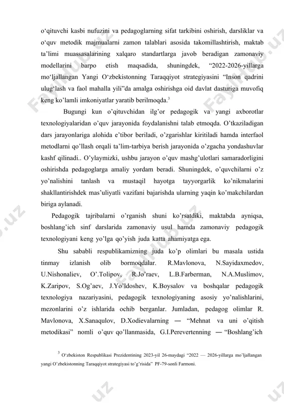 lama rivojlantirish, ya’ni psixologik jihatdan taraqqiy etgan, shaxsiy xususiyatlari va xatti-harakatlari bilan boshqalardan ajralib turuvchi muayyan xulq-atvor va dunyoqarashga ega bo’lgan jamiyat a’zosini tarbiyalash pedagoglarning zimmasidadir. qolaversa, ularni jamoa bilan ishlashga o’rgatish va o’zaro ahilikka chorlash ham muhim vazifa sanaladi. chunki shu berilgan ta’lim tarbiya bilan ijtimoiylikka va jamiyatga moslashadilar. kurs ishining ilmiy o’rganilganlik darajasi: ta‘kidlash jоizki, mustaqillik yillarida ushbu sоhada qatоr tadqiqоtlar amalga оshirildi. ushbu izlanishlarning asоsini qadimdan ota bobolarimizdan meros bo’lib kelayotgan tarbiyaviy ishlarni olib borishda oila va mahallaning oʻrni hamda o’quvchilarda bilim savodxonligini yanda oshirish uchun o’qituvchilarga qo’yiladigan talablar ham muhim ahamiyat kasb etadi. yurtimizdagi mahalla instituti va oila o’rtasidagi o’zaro aloqalar, farzand tarbiyasida ota-onaning, mahallaning, shu bilan birgalikda pedagogning hamda boshlang’ich ta’lim bo’lmish maktabning o’rniga оid masalalarning nazariy-amaliy jihatlari mamlakatimizning g’.b.shoumarov, djurayeva s.n. turdiyeva n.s.baxronova a.i. kabi оlimlari ilmiy izlanishlarida o’rganilgan. kurs ishining maqsadi- mustaqillik sharoitida tarbiyaviy ishlar jarayoniga va guruh rahbari faoliyatiga qo’yilgan talablarni tushunish. …