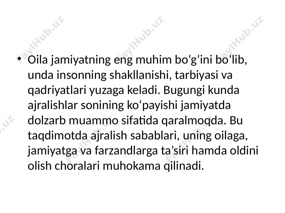 ush qurishga nisbatan ehtiyotkorlik bilan qaraydi. u oilaviy hayotda ishonch muammosini boshdan kechirishi, ajralishdan qo‘rqishi yoki o‘zi ham o‘z munosabatlarini mustahkamlashda qiynalishi mumkin. chirishi, ajralishdan qo‘rqishi yoki o‘zi ham o‘z munosabatlarini mustahkamlashda qiynalishi mumkin. 6. moliyaviy va mehr-muhabbat yetishmovchiligi: yolg‘iz ota-ona ko‘pincha bola tarbiyasi va ta’minotini bir vaqtning o‘zida bajara olmaydi. moliyaviy qiyinchiliklar, mehnat bilan bandlik, stress – bular bolaga yetarlicha e’tibor berilmasligiga sabab bo‘ladi. ⸻ agar xohlasangiz, ushbu matnni slaydga aylantirib ham beraman. yana boshqa jihatlarni ham kengroq yoritib berishimni istaysizmi? 6. moliyaviy va mehr-muhabbat yetishmovchiligi: yolg‘iz ota-ona ko‘pincha bola tarbiyasi va ta’minotini bir vaqtning o‘zida bajara olmaydi. moliyaviy qiyinchiliklar, mehnat bilan bandlik, stress – bular bolaga yetarlicha e’tibor berilmasligiga sabab bo‘ladi. ajralish oqibatlari: er-xotin uchun ajralishdan keyin er va xotin o‘zaro psixologik bosim, stress va depressiyani boshdan kechiradi. ko‘pchilik holatlarda ajralish moliyaviy muammolarni, ijtimoiy faollikning pasayishini va yolg‘izlikni keltirib chiqaradi. ajralish oqibatlari: jamiyat uchun ajralishlar jamiyatda beqarorlik, jinoyatchilik …